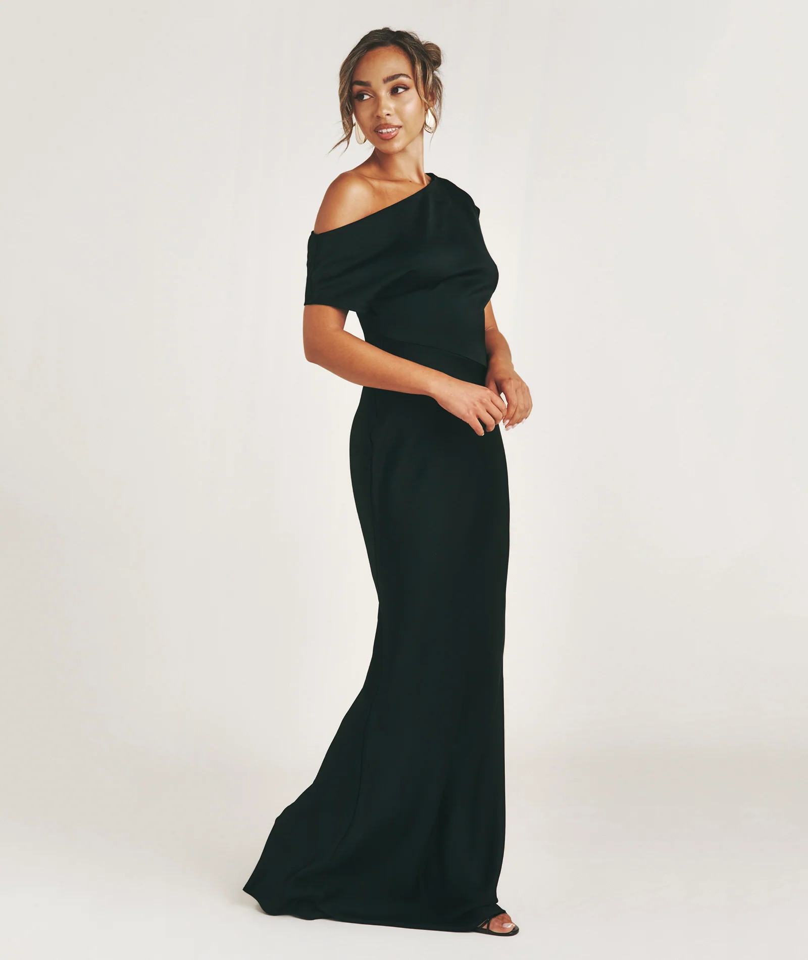 Asymmetric Neck Satin Bridesmaid Dress - Black - Image 5