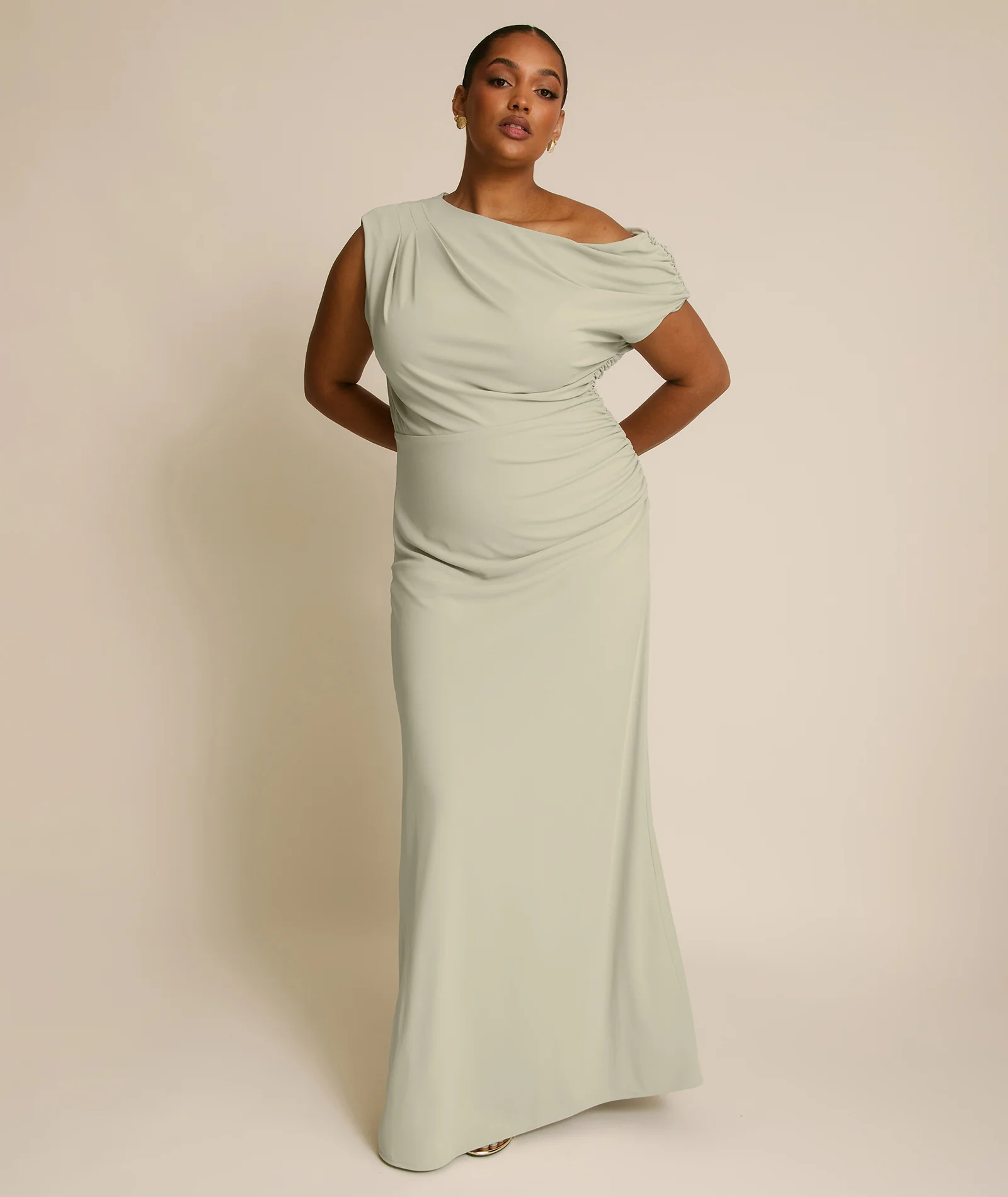 Asymmetric Neck Stretch Sculpt Bridesmaid Dress - Soft Sage - Image 3