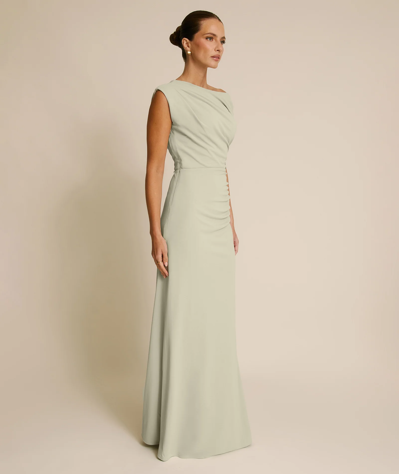 Asymmetric Neck Stretch Sculpt Bridesmaid Dress - Soft Sage - Image 6
