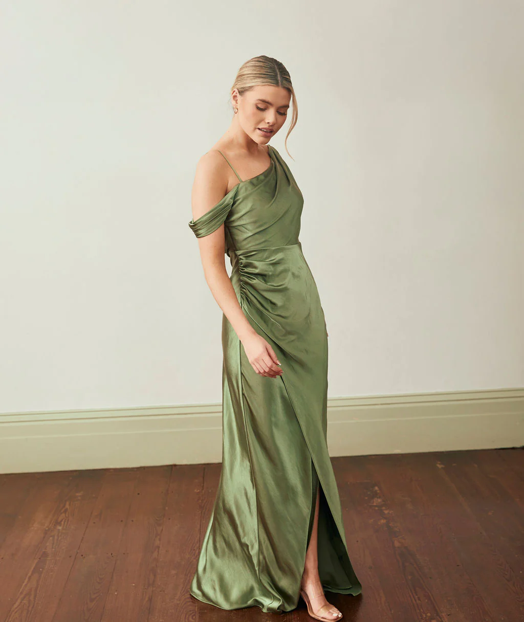 Asymmetrical Satin Bridesmaid Dress - Moss Green - Image 3
