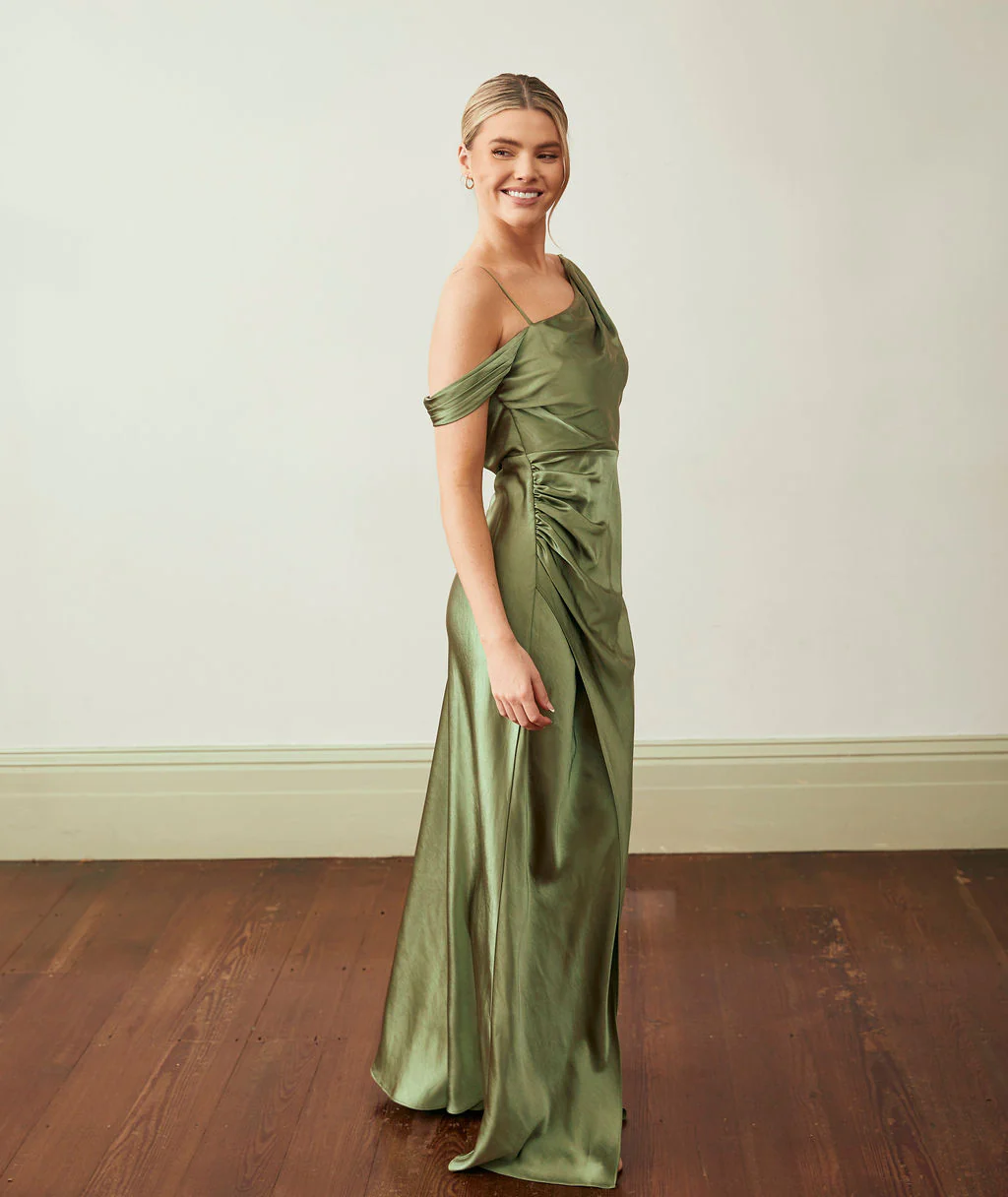 Asymmetrical Satin Bridesmaid Dress - Moss Green - Image 5