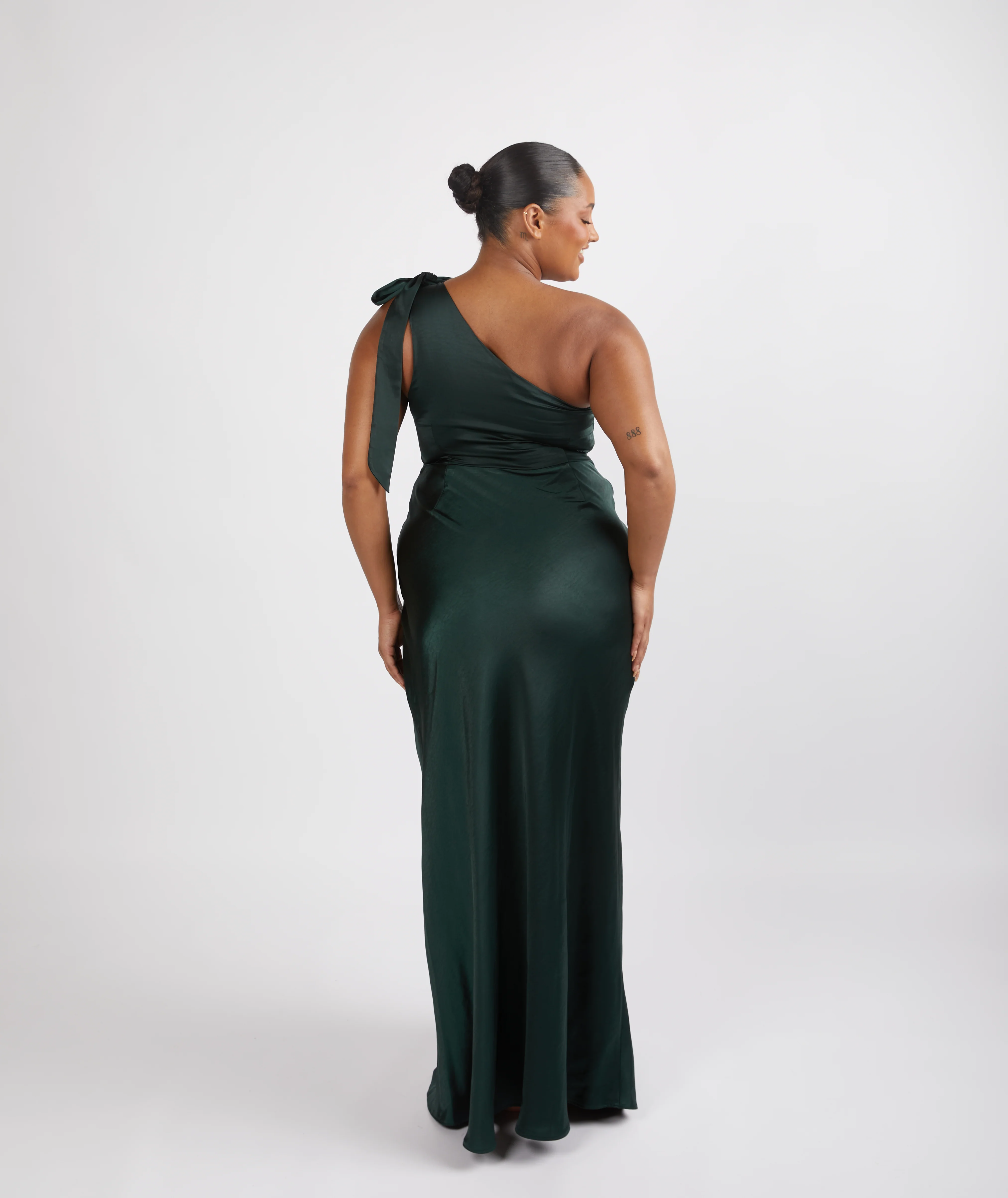 Bow One Shoulder Satin Bridesmaid Dress - Emerald - Image 3