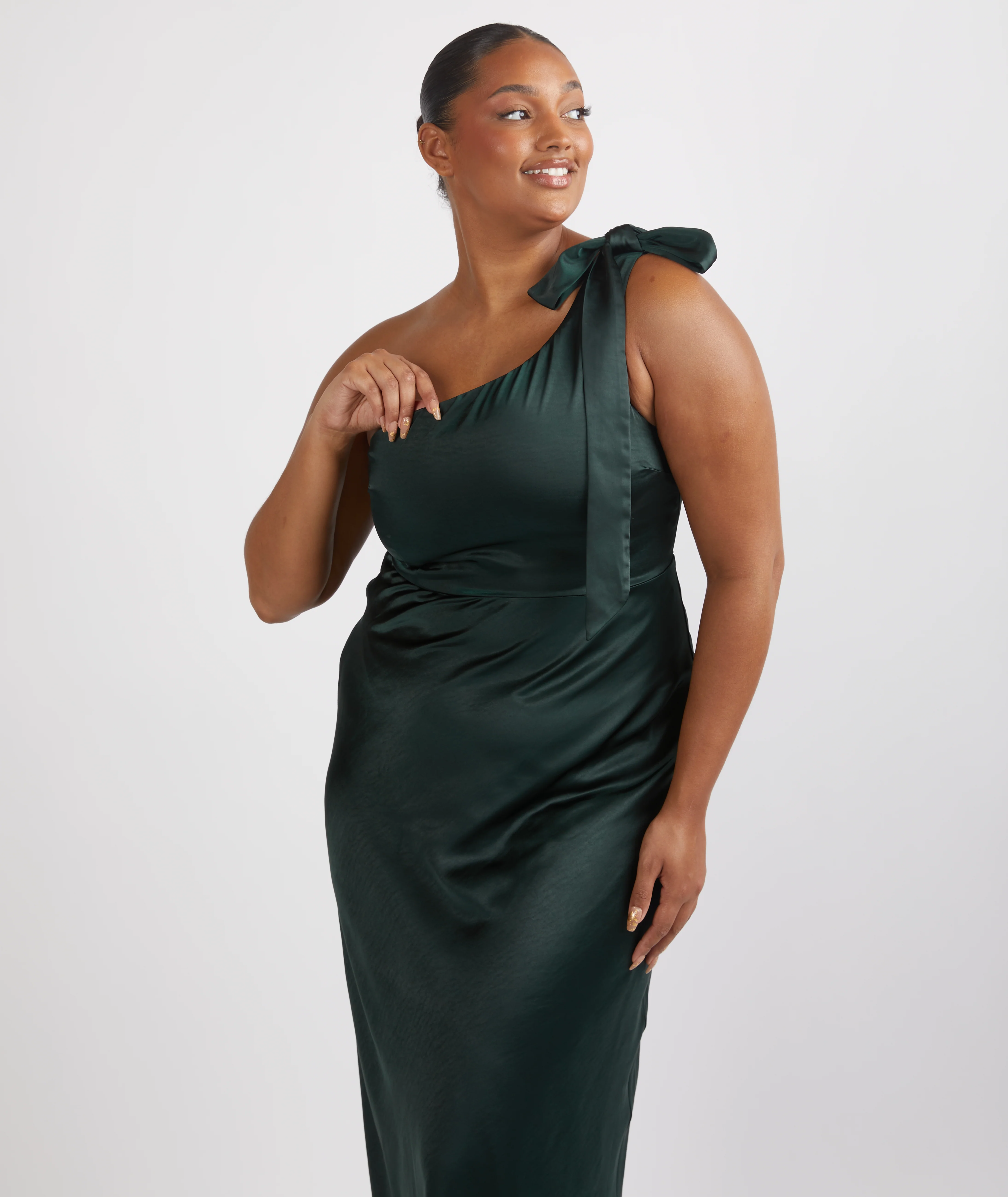Bow One Shoulder Satin Bridesmaid Dress - Emerald - Image 4