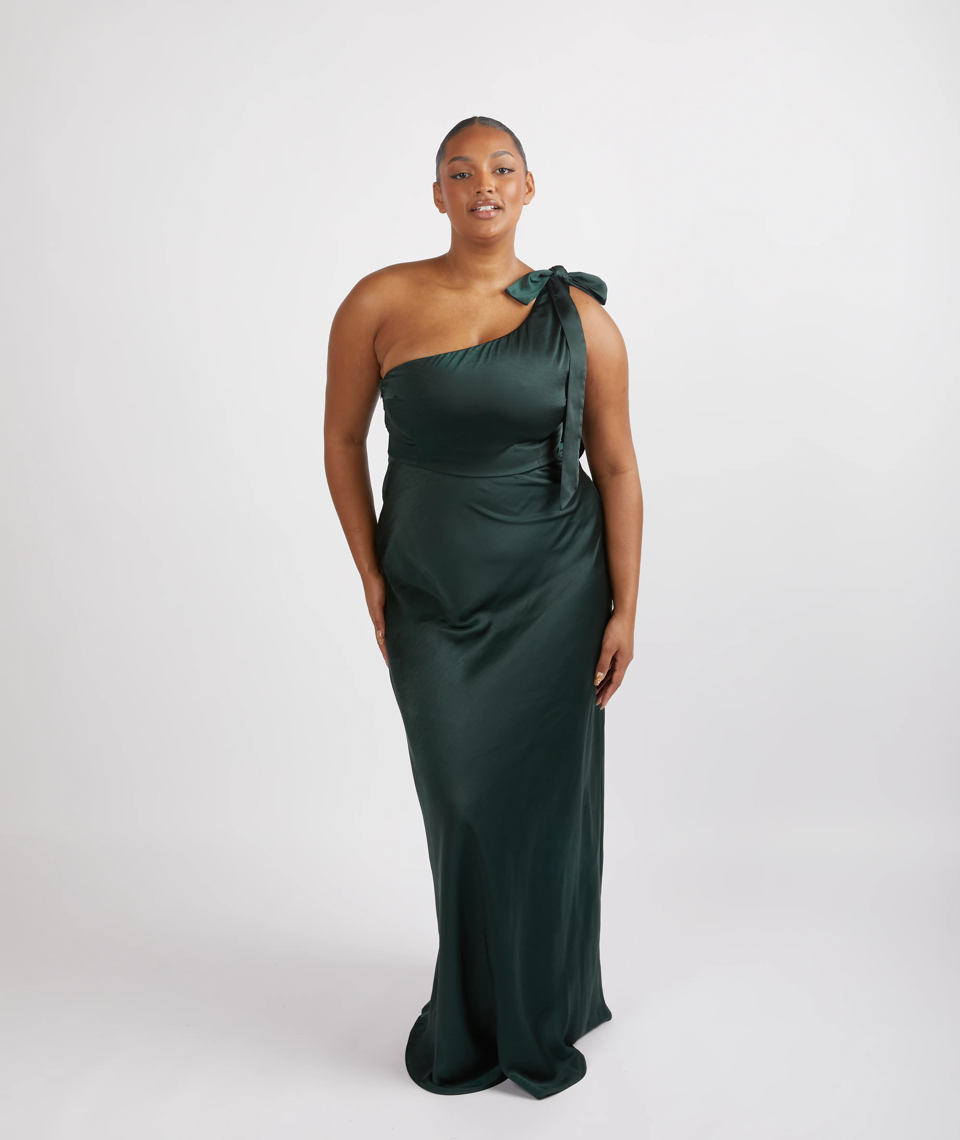 Bow One Shoulder Satin Bridesmaid Dress - Emerald - Image 5
