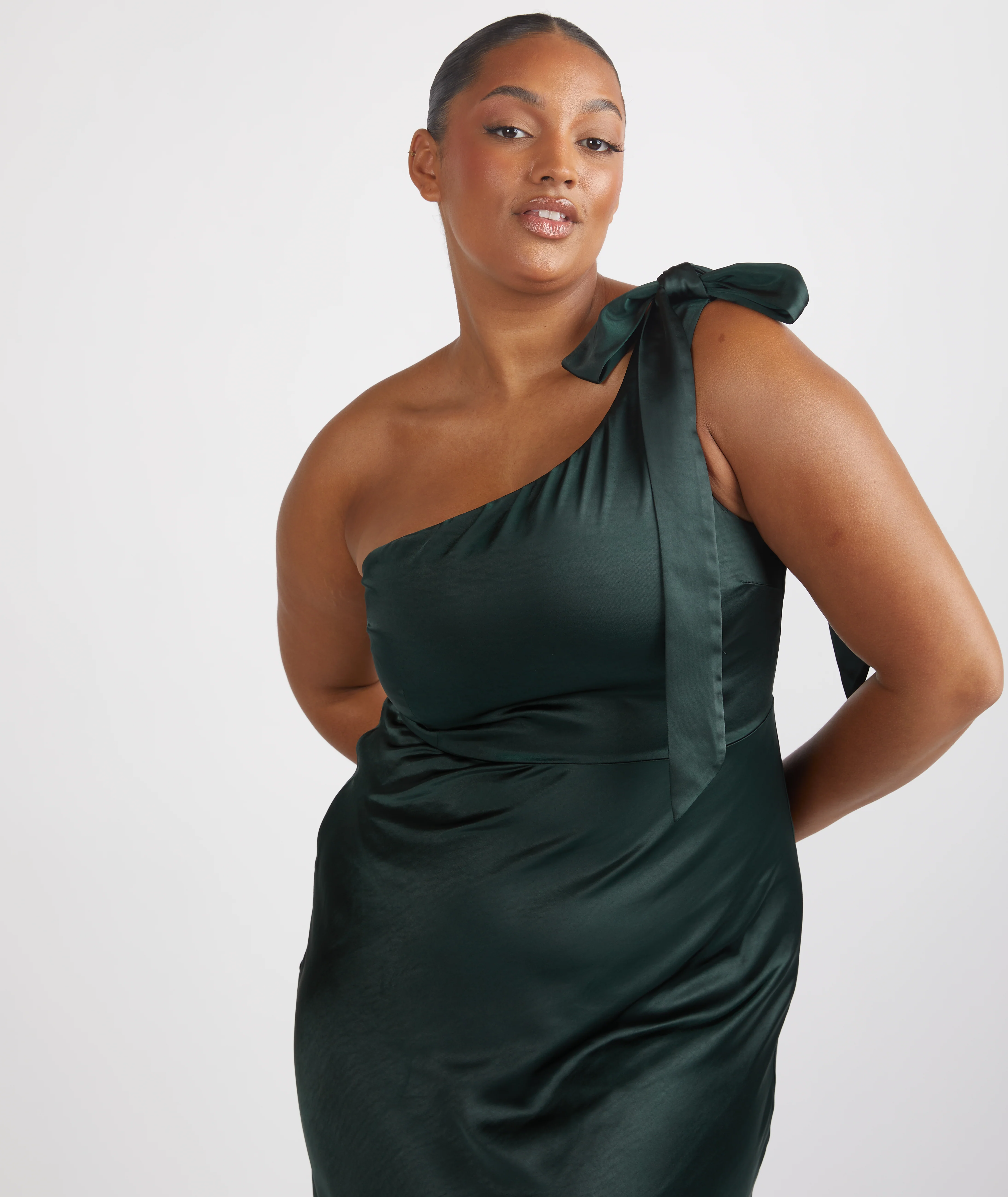 Bow One Shoulder Satin Bridesmaid Dress - Emerald - Image 6