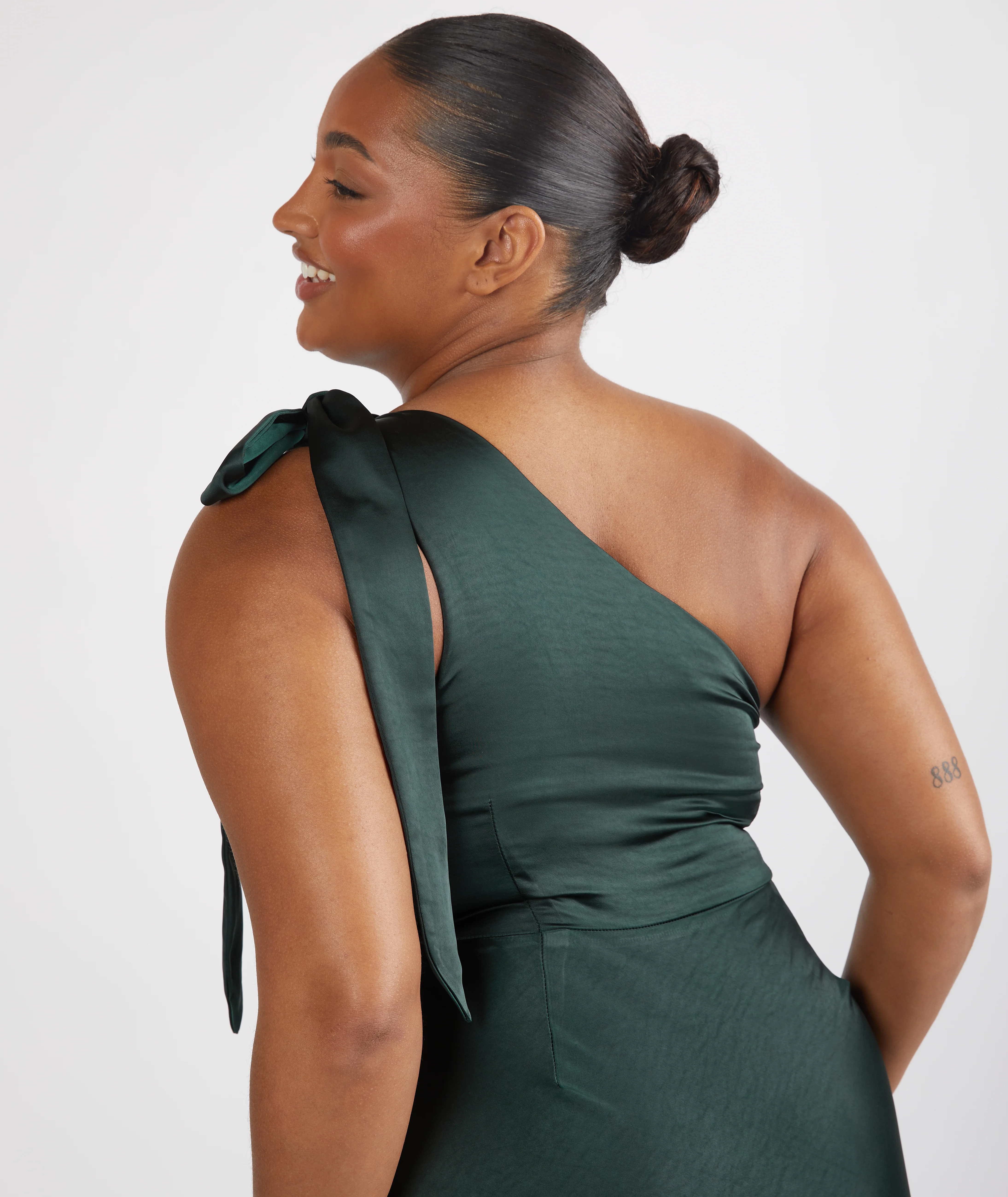 Bow One Shoulder Satin Bridesmaid Dress - Emerald - Image 7