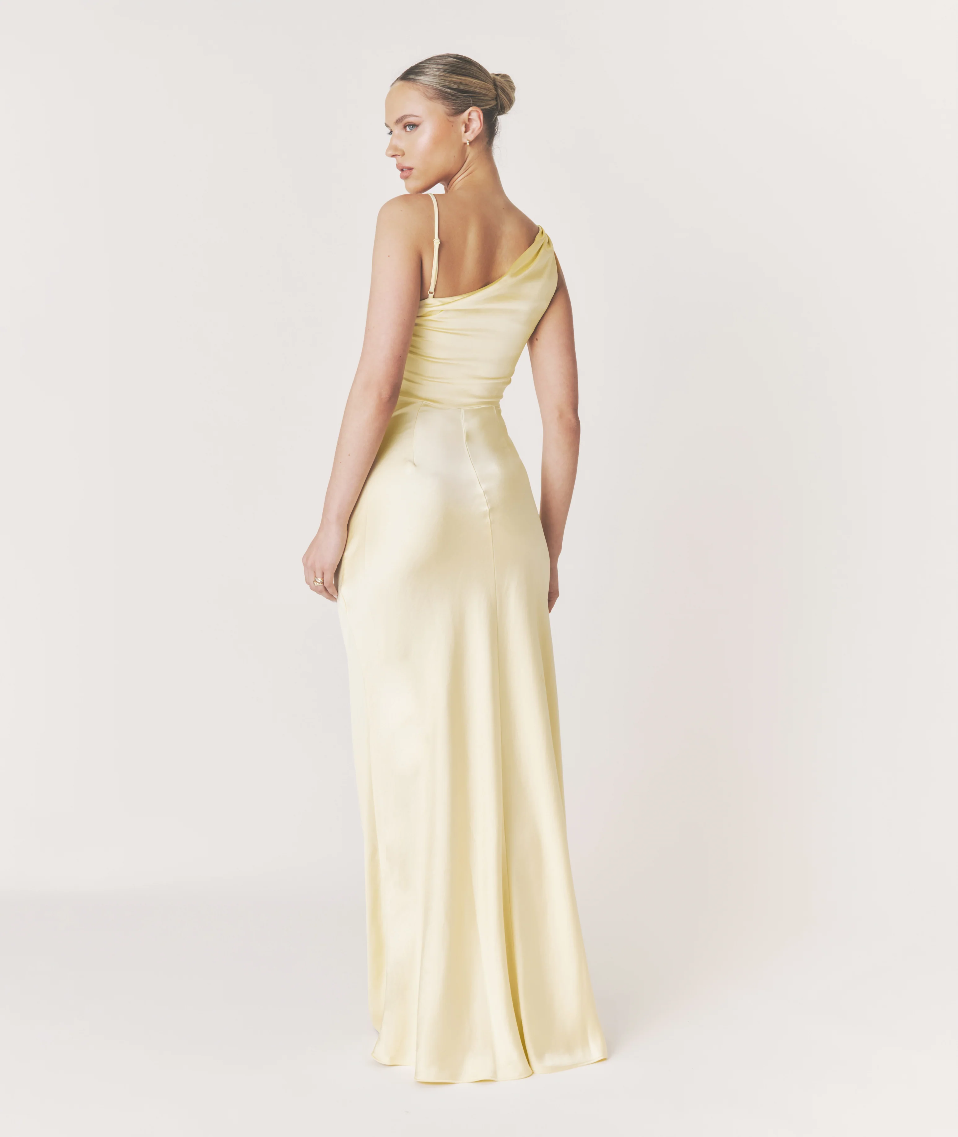 Cowl Asymmetrical Satin Bridesmaid Dress - Butter Lemon - Image 3