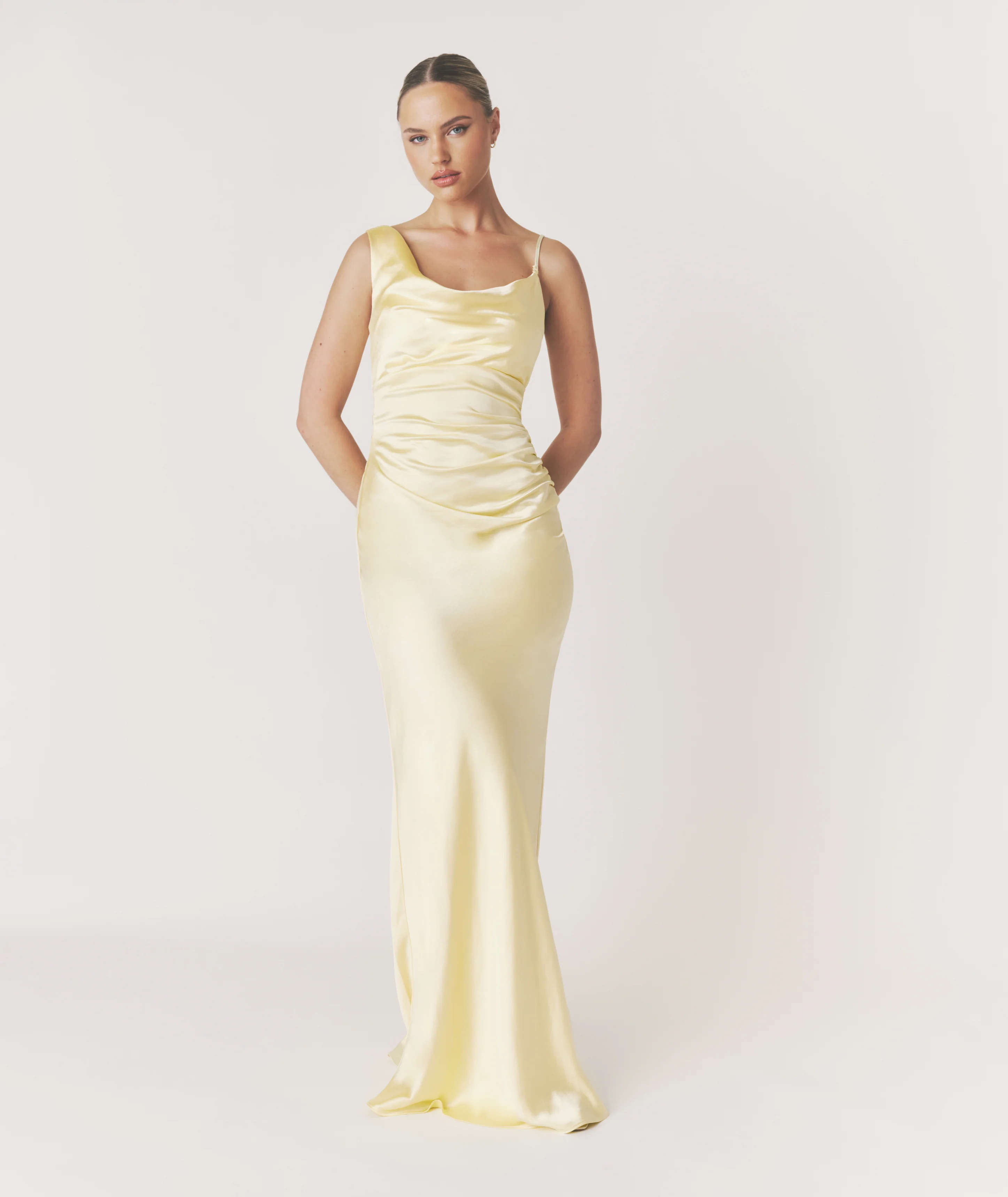 Cowl Asymmetrical Satin Bridesmaid Dress - Butter Lemon - Image 4