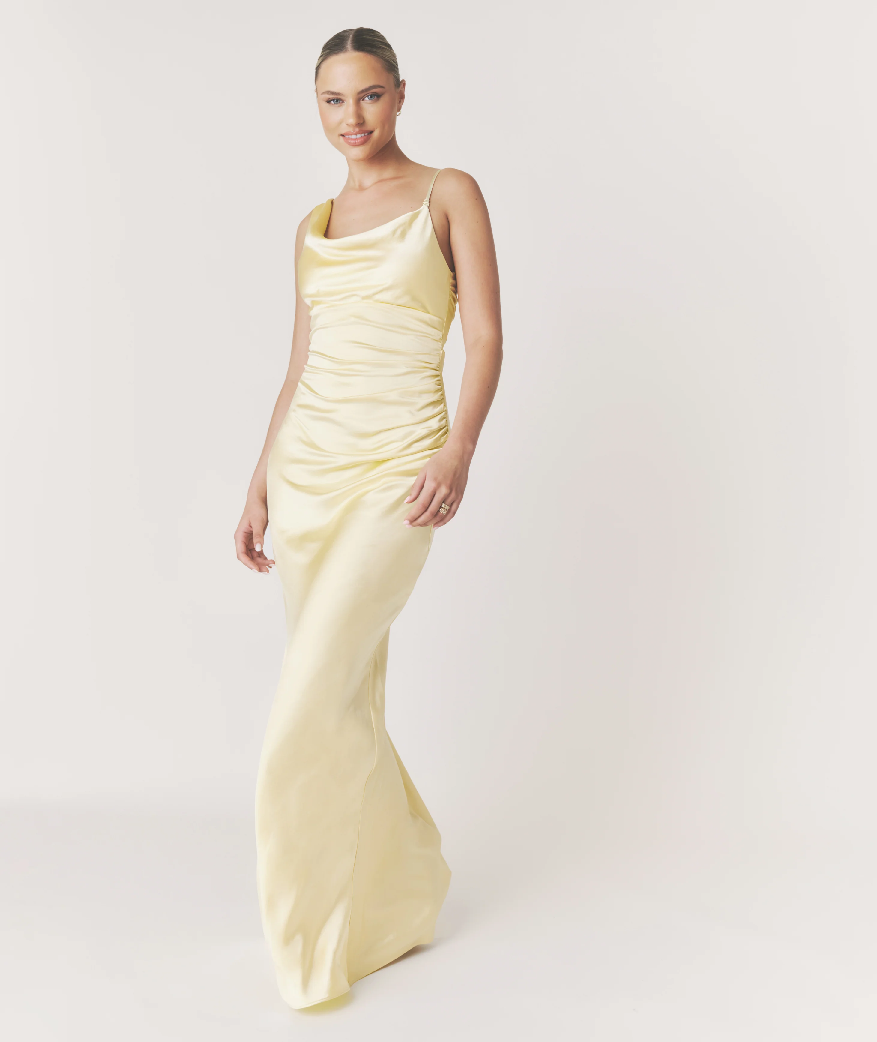Cowl Asymmetrical Satin Bridesmaid Dress - Butter Lemon - Image 7
