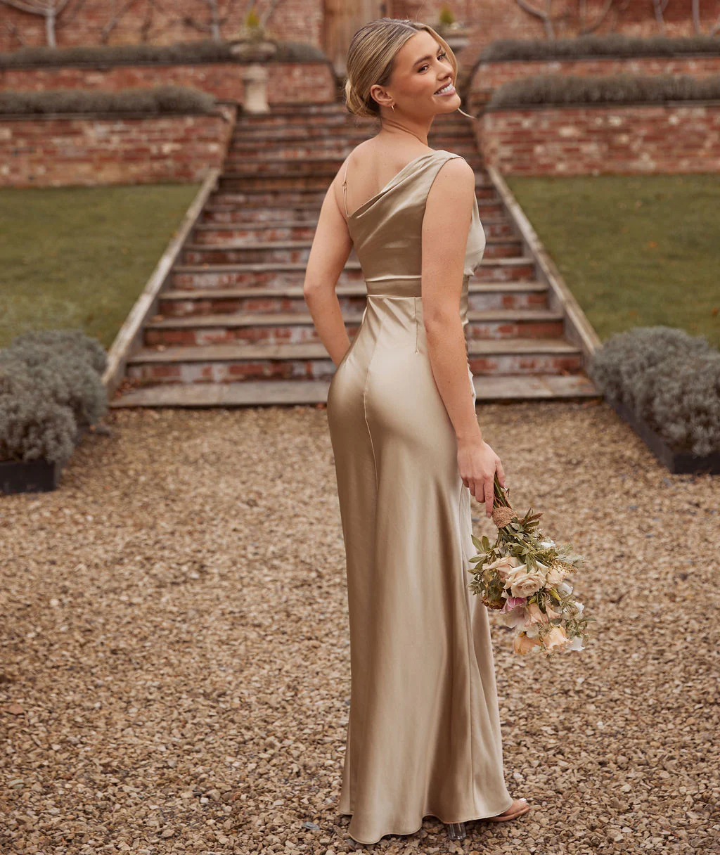 Cowl Asymmetrical Satin Bridesmaid Dress - Champagne - Image 5