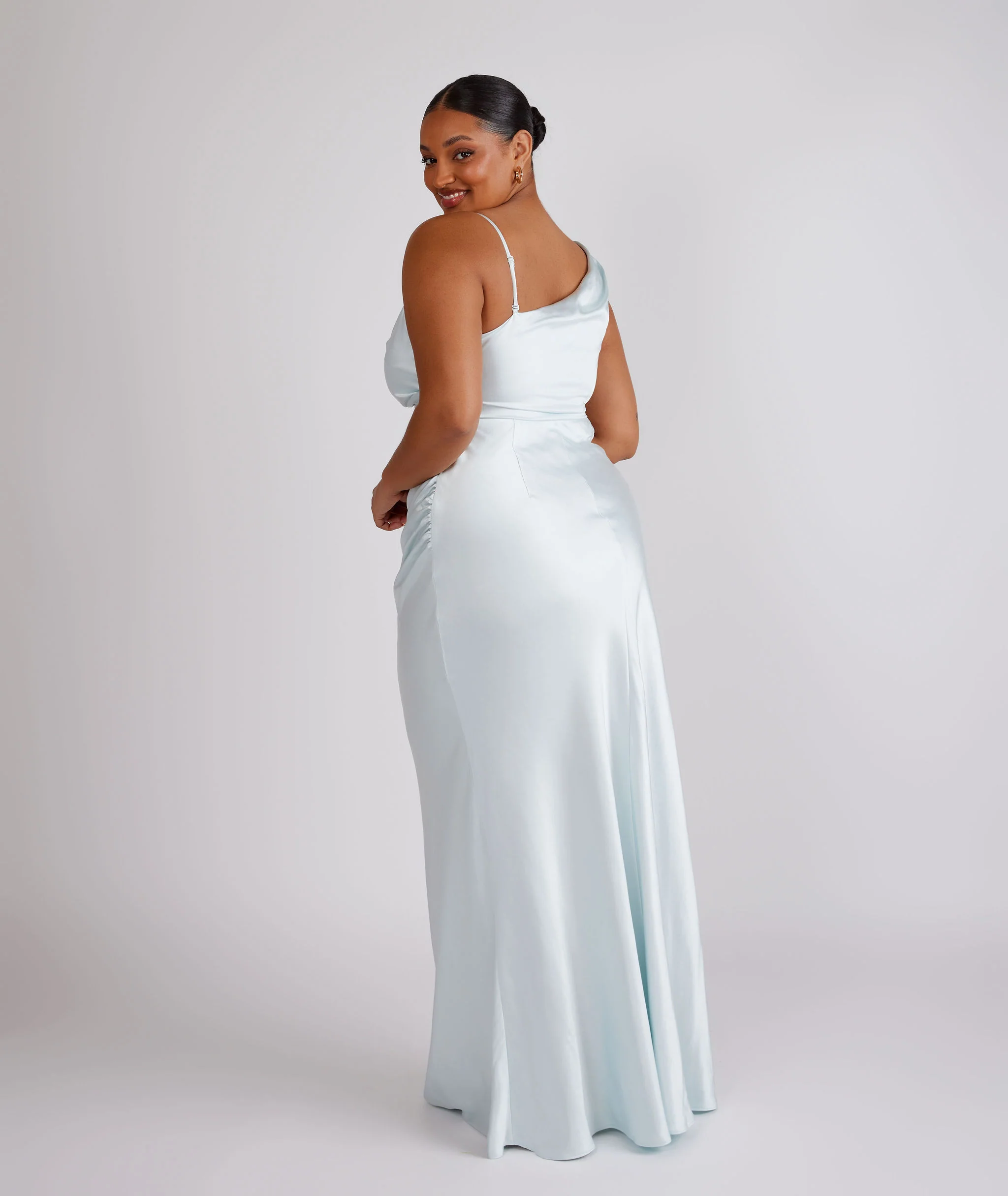 Cowl Asymmetrical Satin Bridesmaid Dress - Ice Blue - Image 4