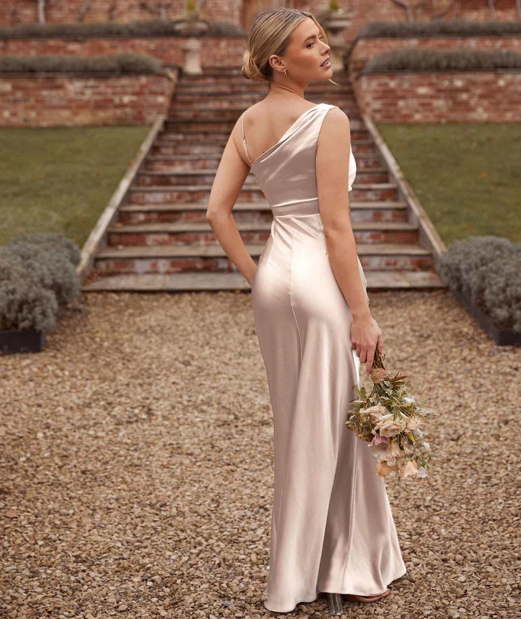 Cowl Asymmetrical Satin Bridesmaid Dress - Oyster - Image 5