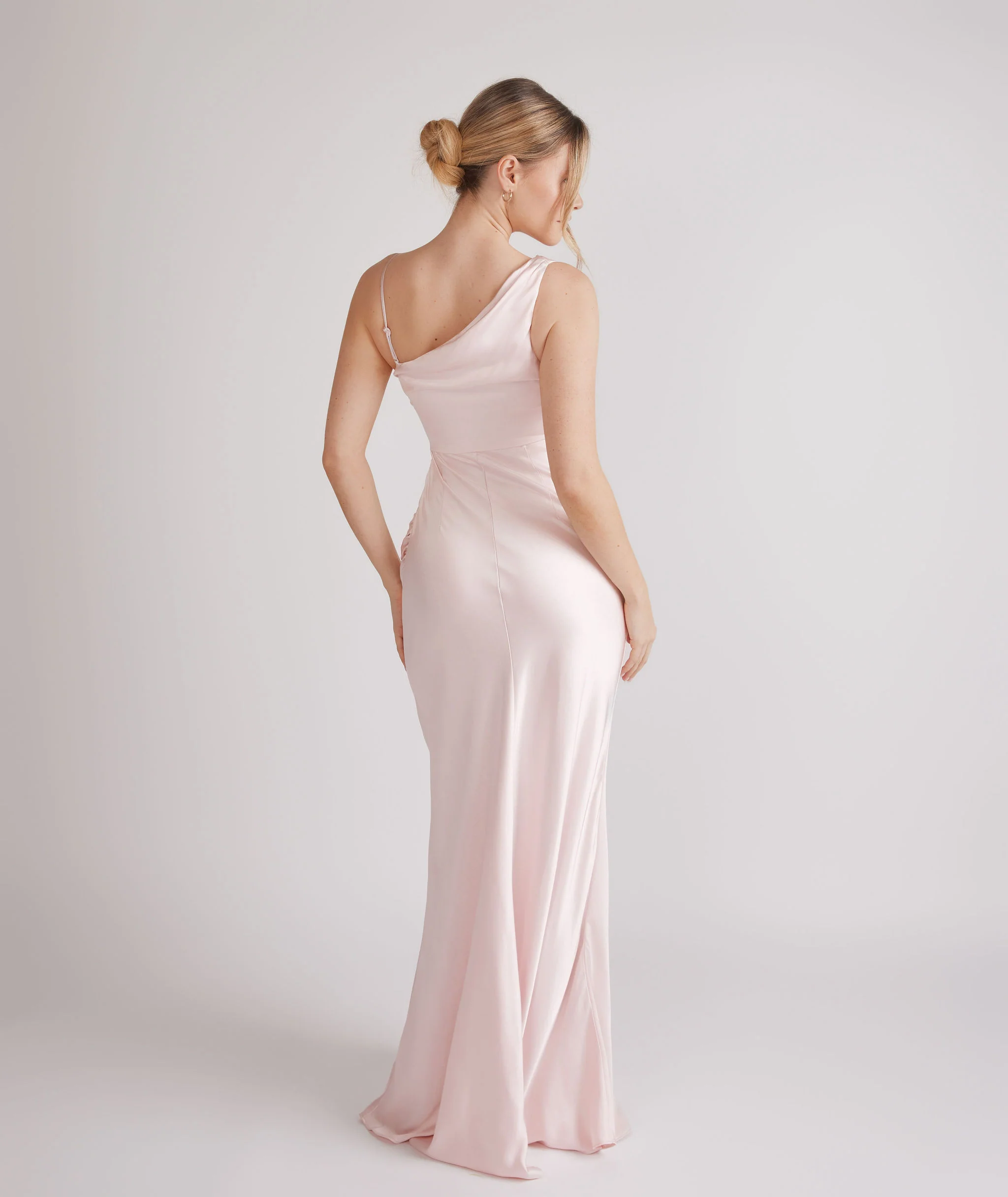Cowl Asymmetrical Satin Bridesmaid Dress - Pale Pink - Image 5