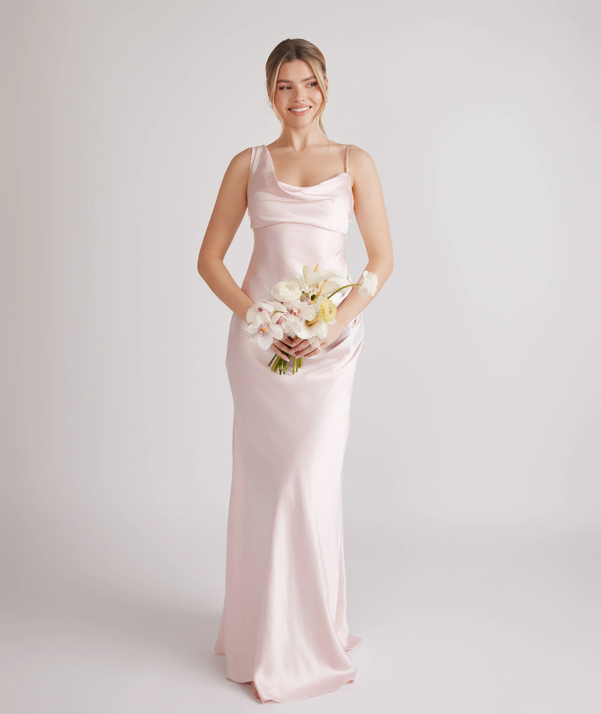 Cowl Asymmetrical Satin Bridesmaid Dress - Pale Pink - Image 6