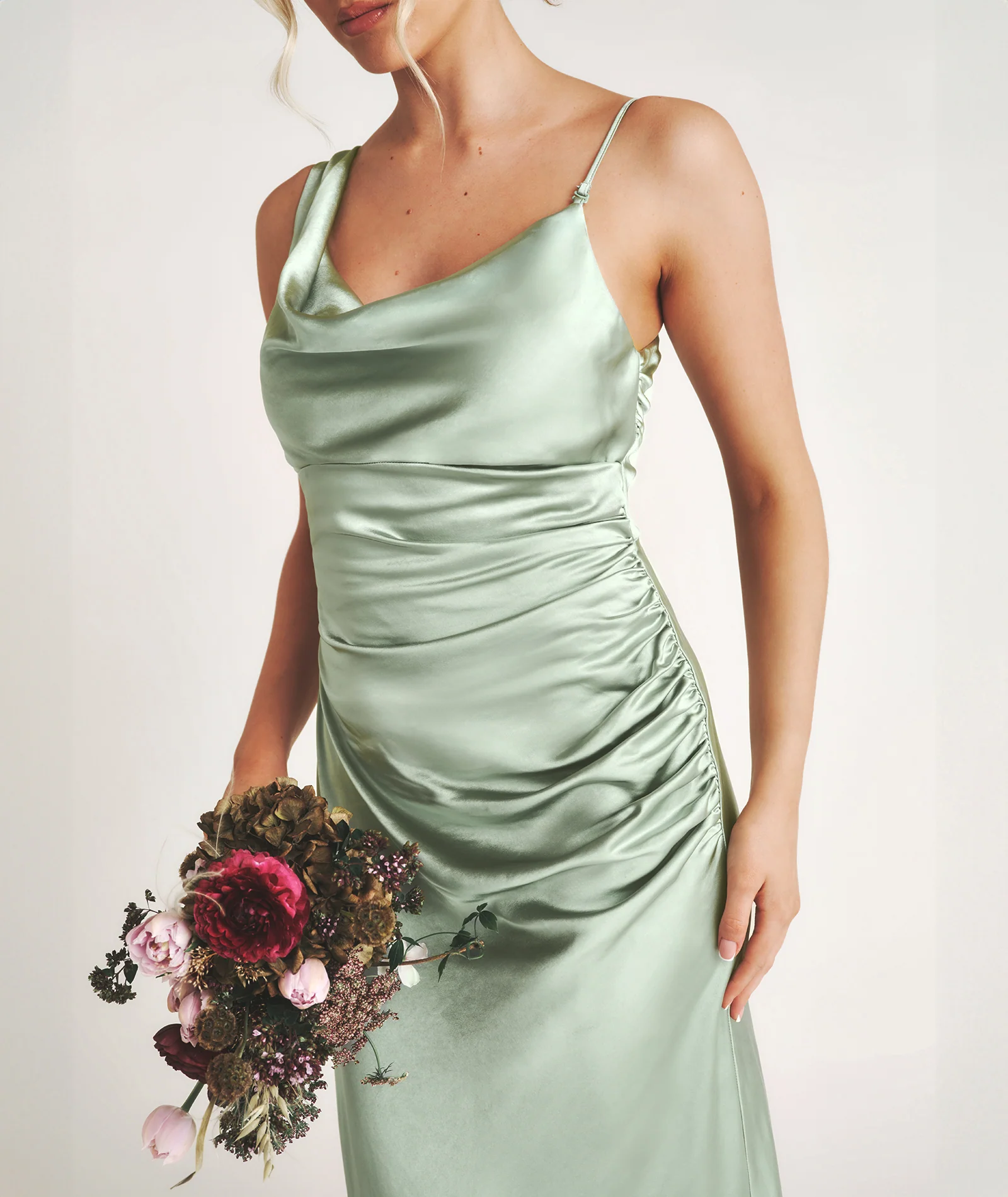 Cowl Asymmetrical Satin Bridesmaid Dress - Sage - Image 3