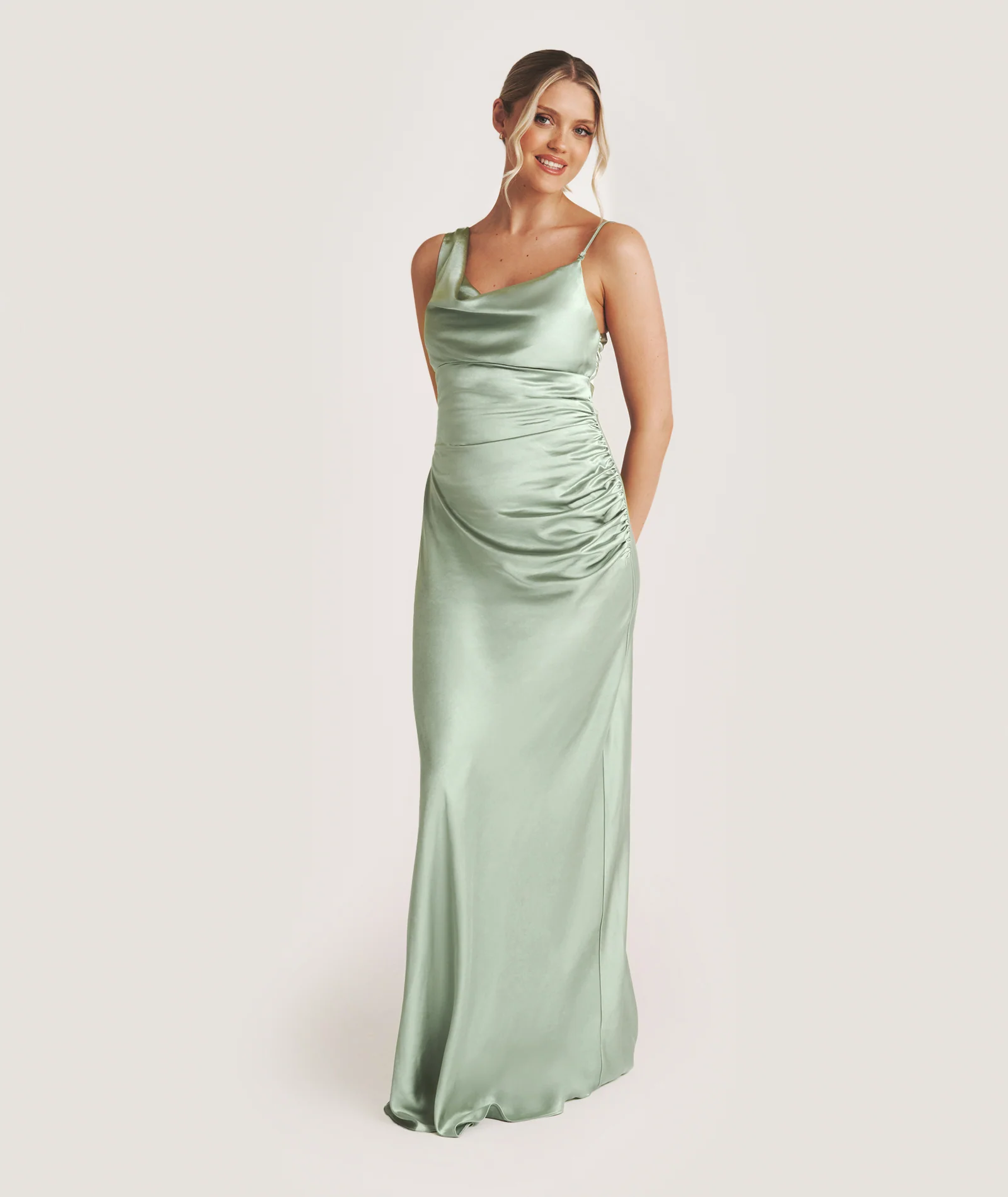 Cowl Asymmetrical Satin Bridesmaid Dress - Sage - Image 4