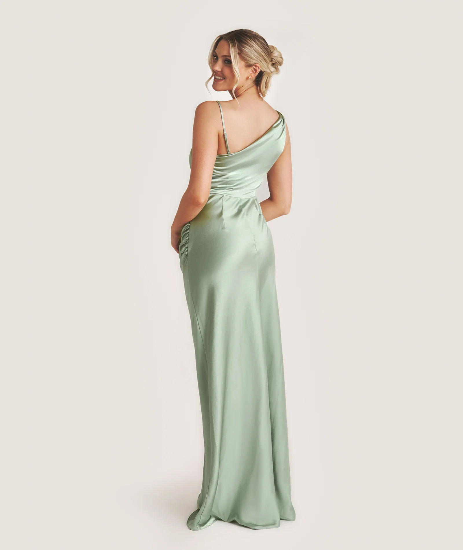 Cowl Asymmetrical Satin Bridesmaid Dress - Sage - Image 6
