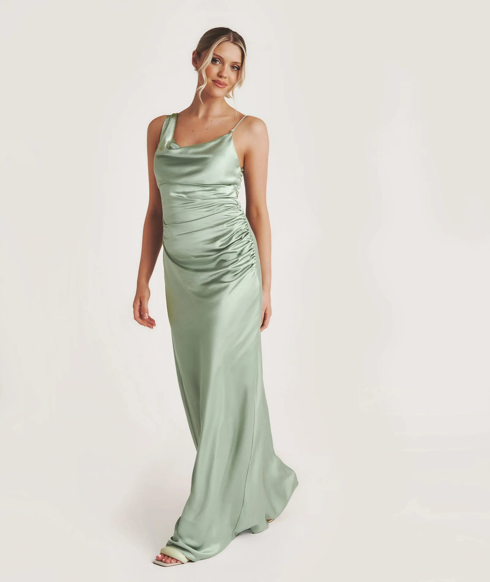 Cowl Asymmetrical Satin Bridesmaid Dress - Sage - Image 7