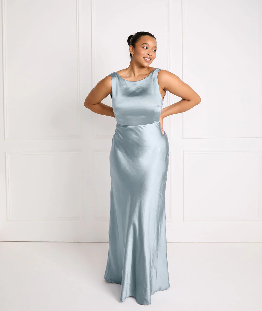 Cowl Back Satin Bridesmaid Dress - Dusty Blue - Image 4