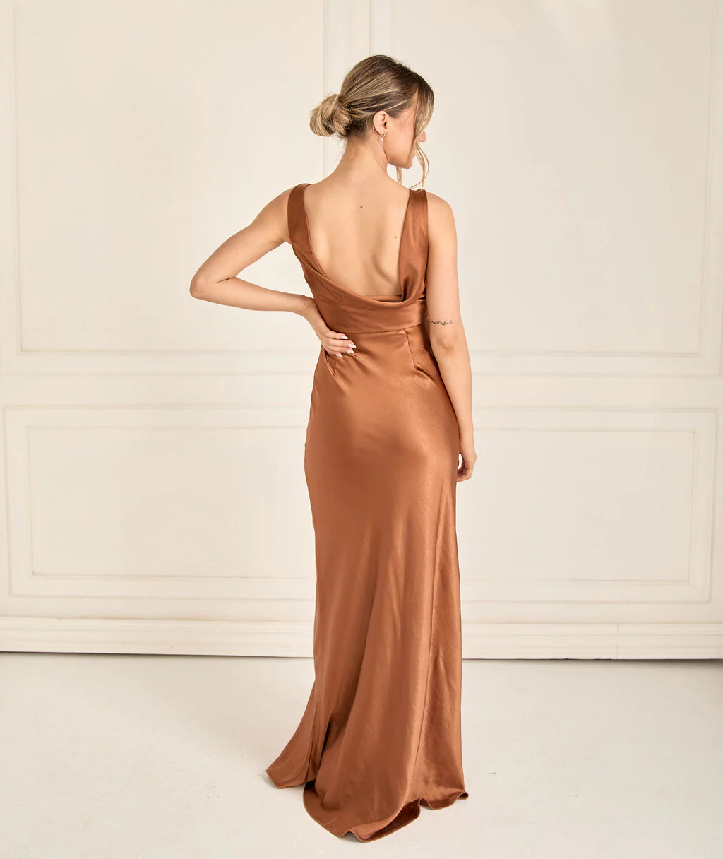 Cowl Back Satin Bridesmaid Dress - Rust - Image 3