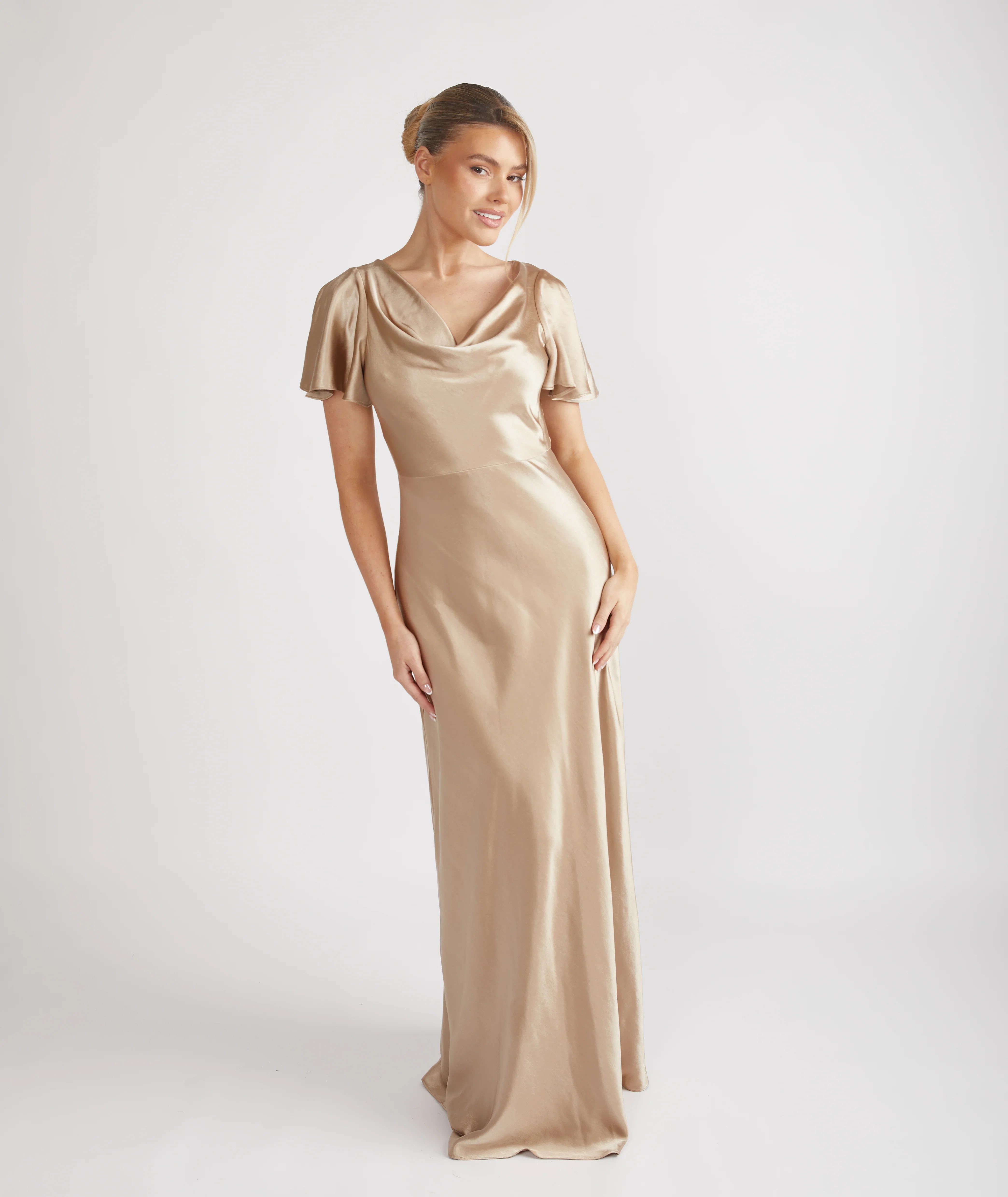 Cowl Flutter Sleeve Satin Bridesmaid Dress - Champagne - Image 5