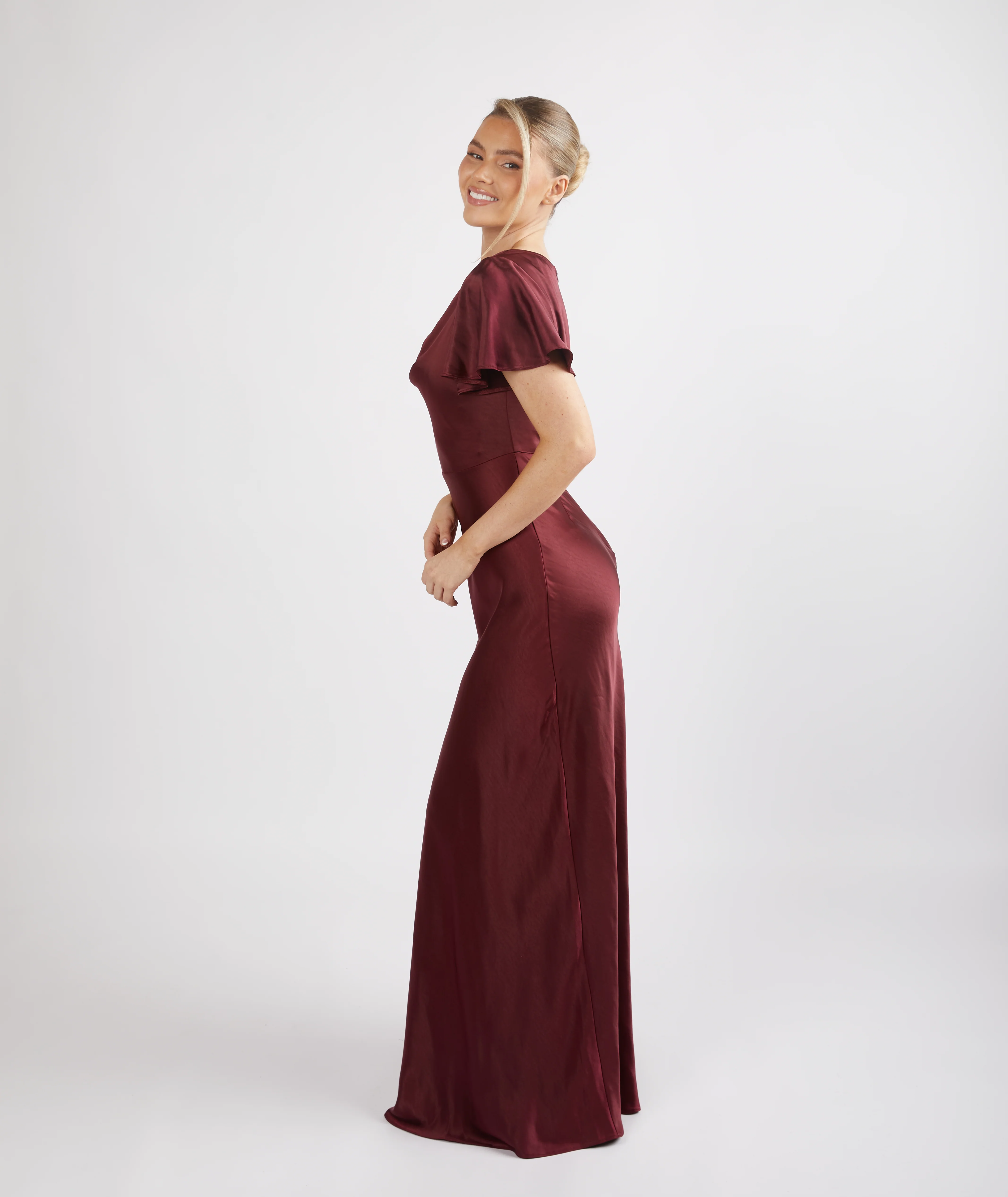 Cowl Flutter Sleeve Satin Bridesmaid Dress - Deep Wine - Image 3