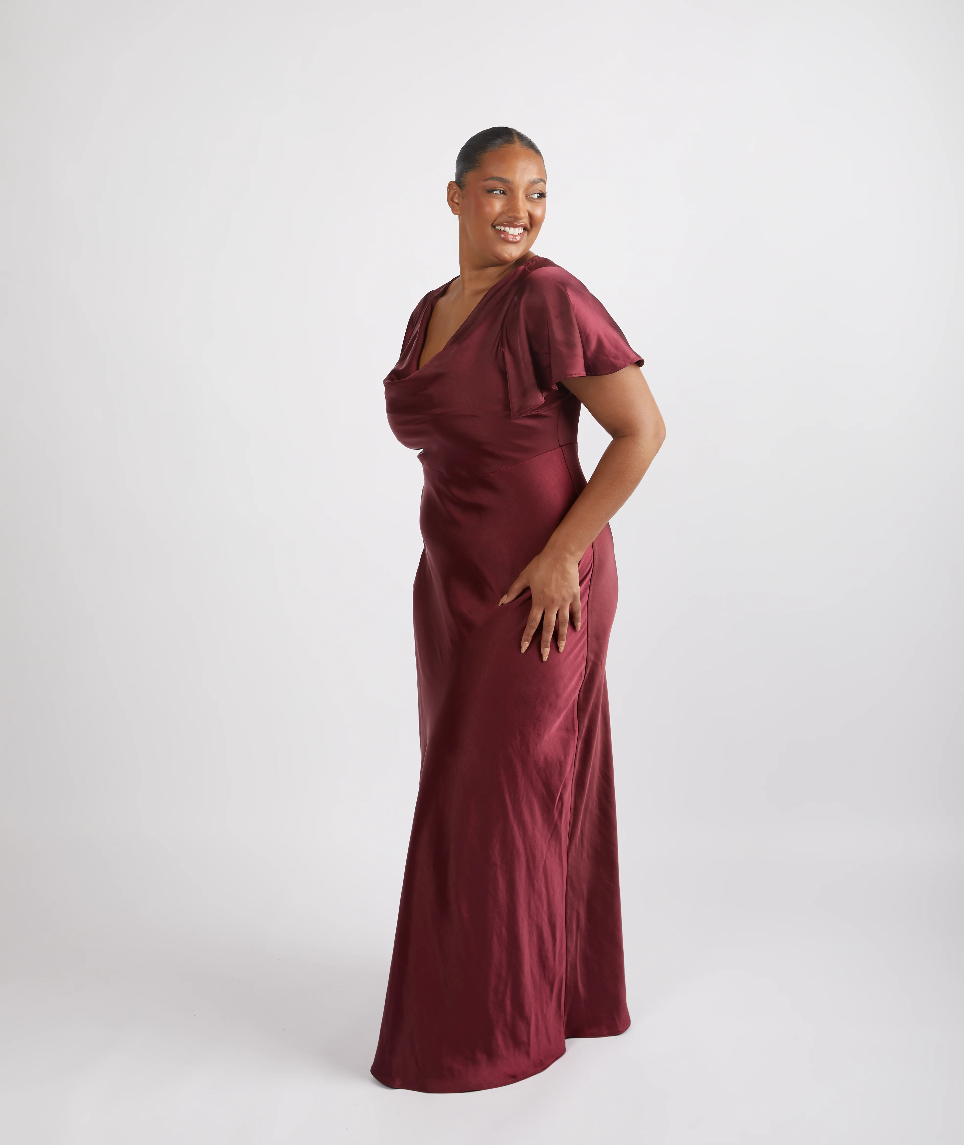 Cowl Flutter Sleeve Satin Bridesmaid Dress - Deep Wine - Image 5