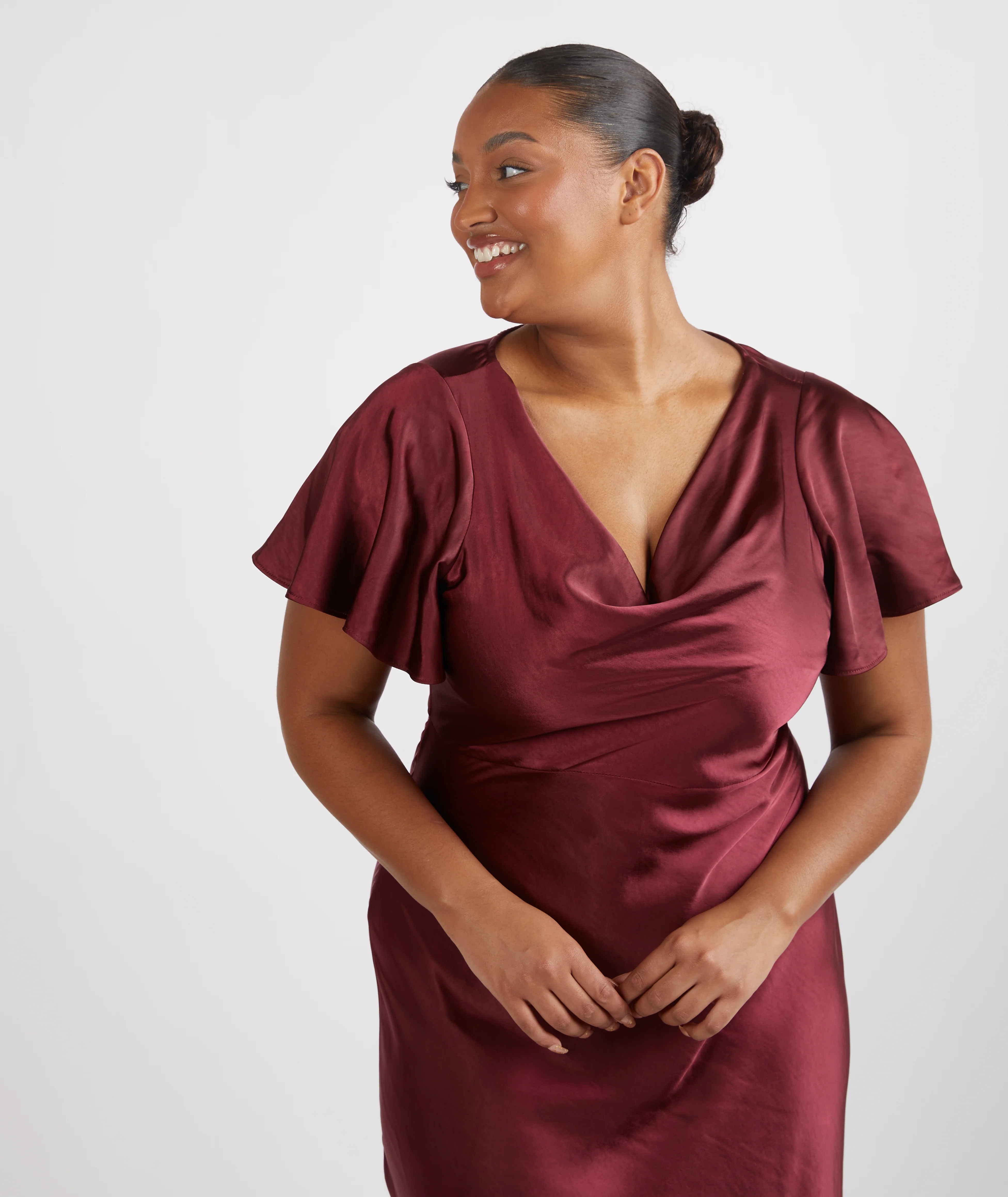 Cowl Flutter Sleeve Satin Bridesmaid Dress - Deep Wine - Image 6