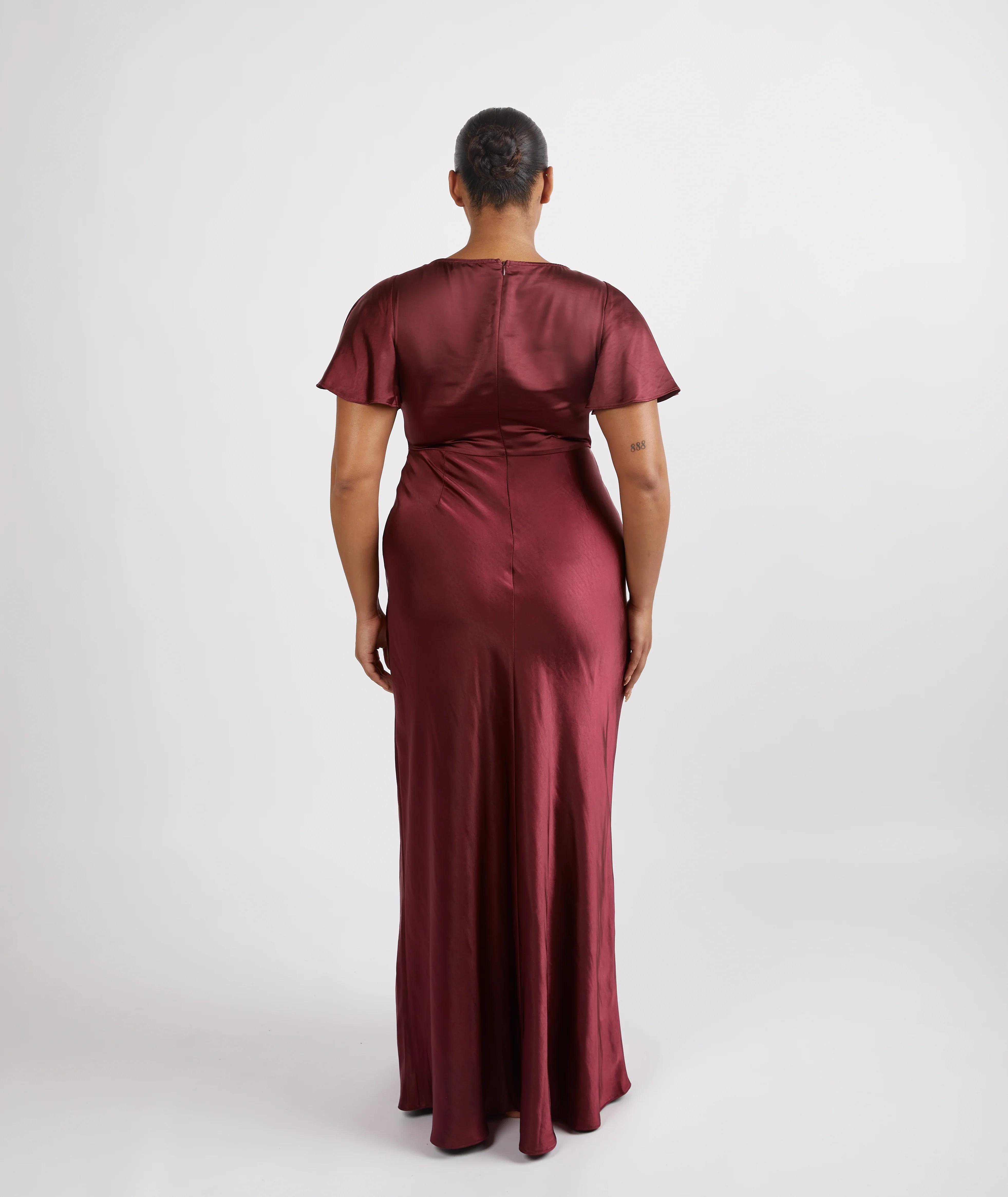 Cowl Flutter Sleeve Satin Bridesmaid Dress - Deep Wine - Image 7