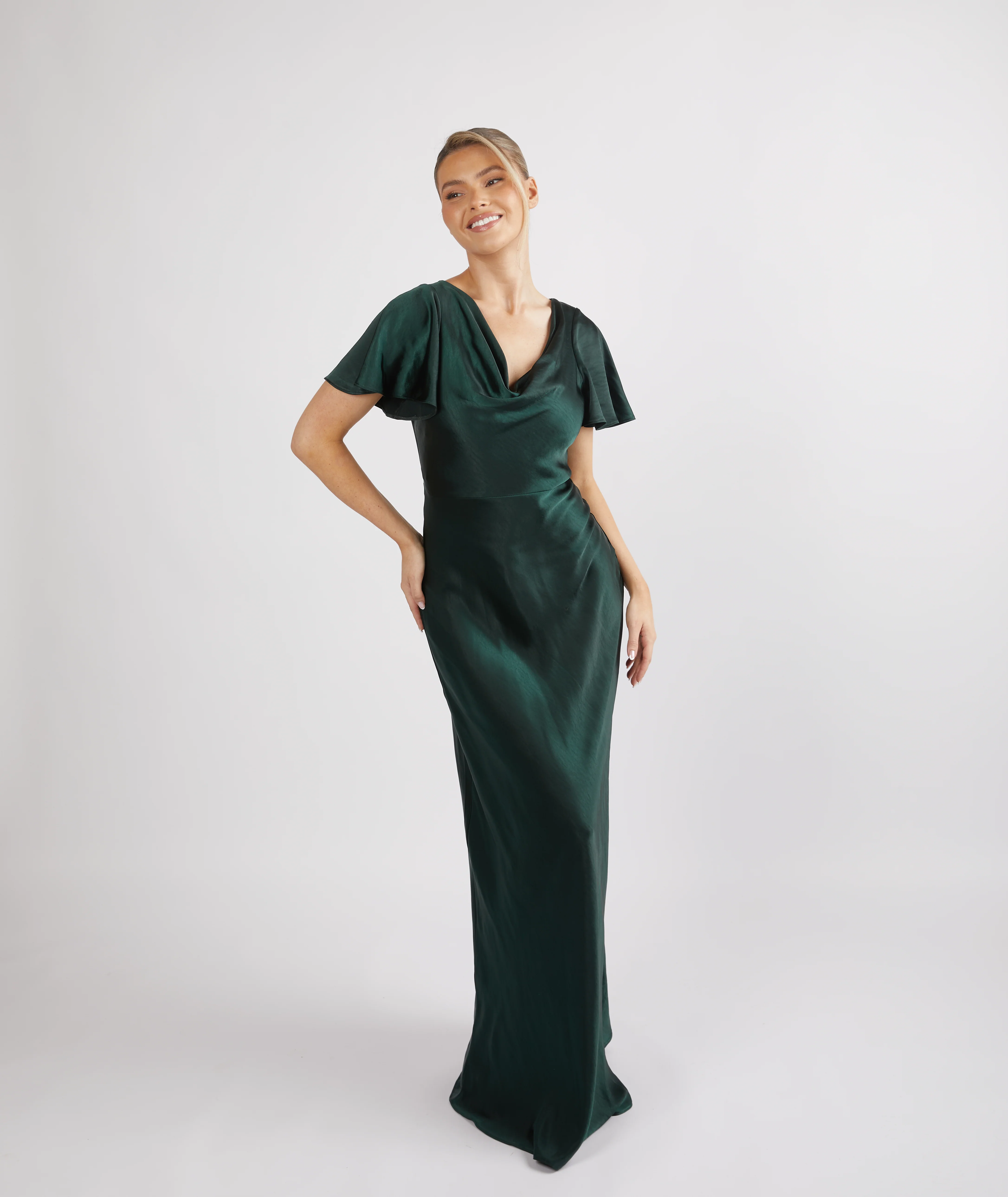Cowl Flutter Sleeve Satin Bridesmaid Dress - Emerald - Image 5