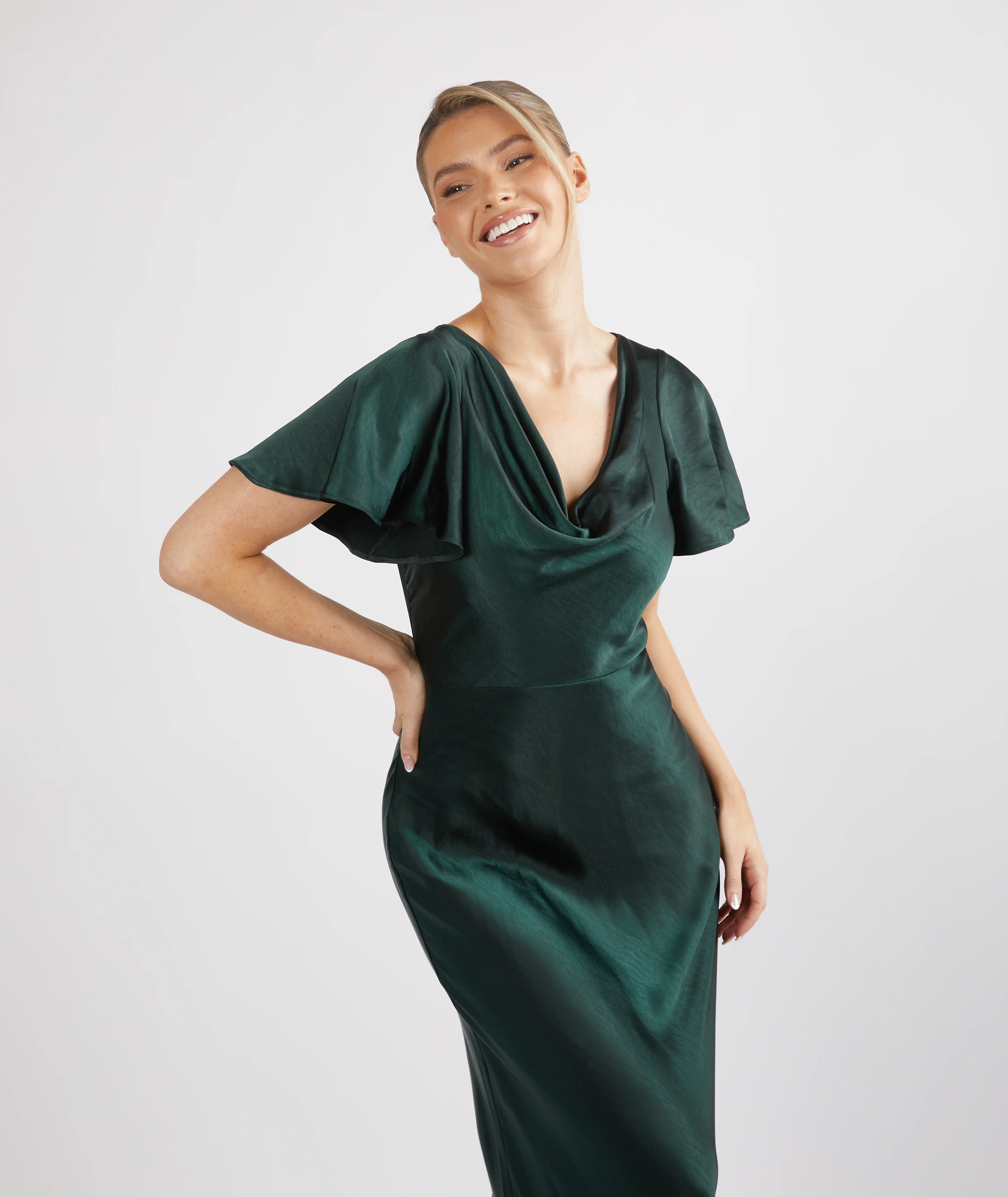 Cowl Flutter Sleeve Satin Bridesmaid Dress - Emerald - Image 6