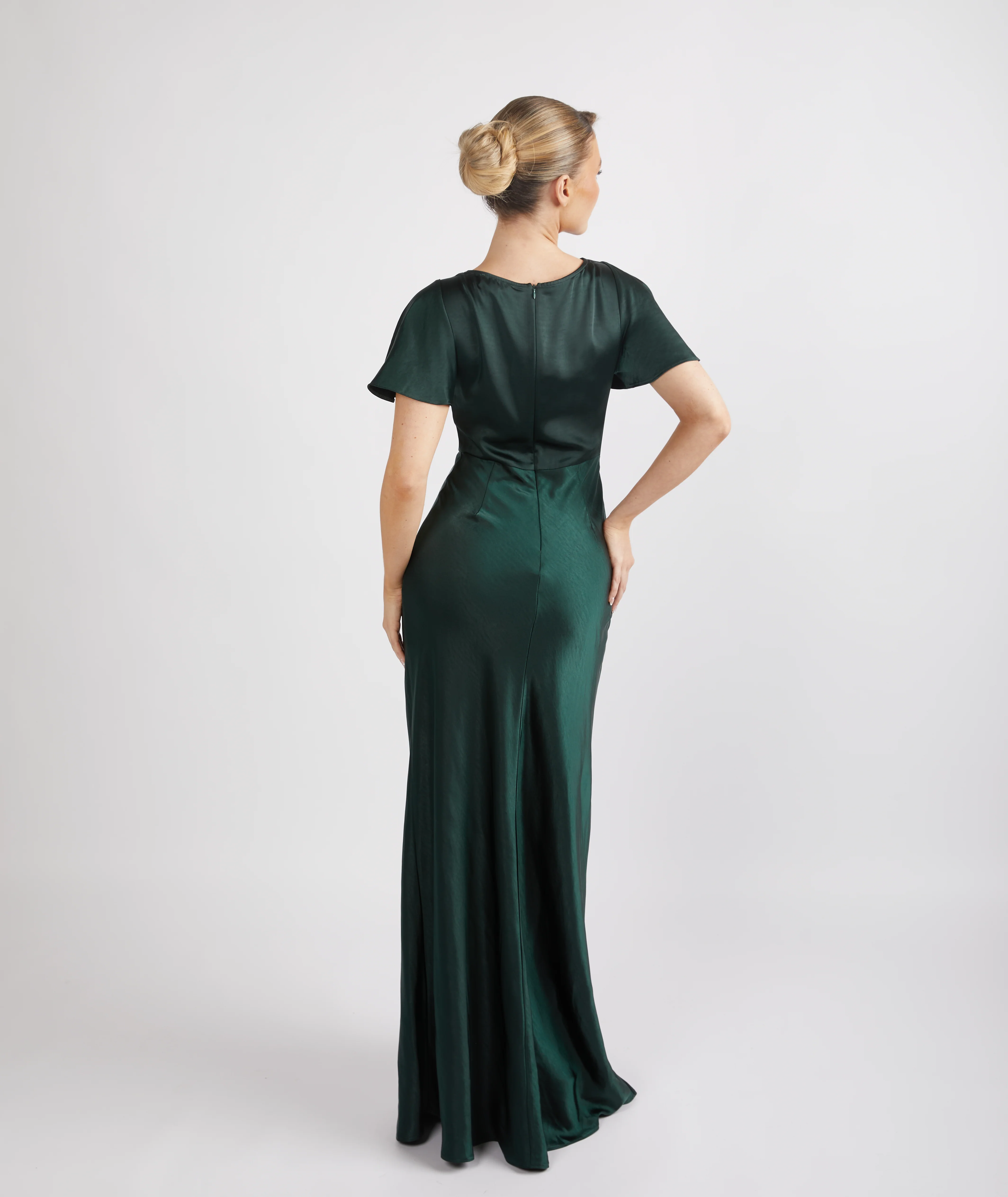 Cowl Flutter Sleeve Satin Bridesmaid Dress - Emerald - Image 7