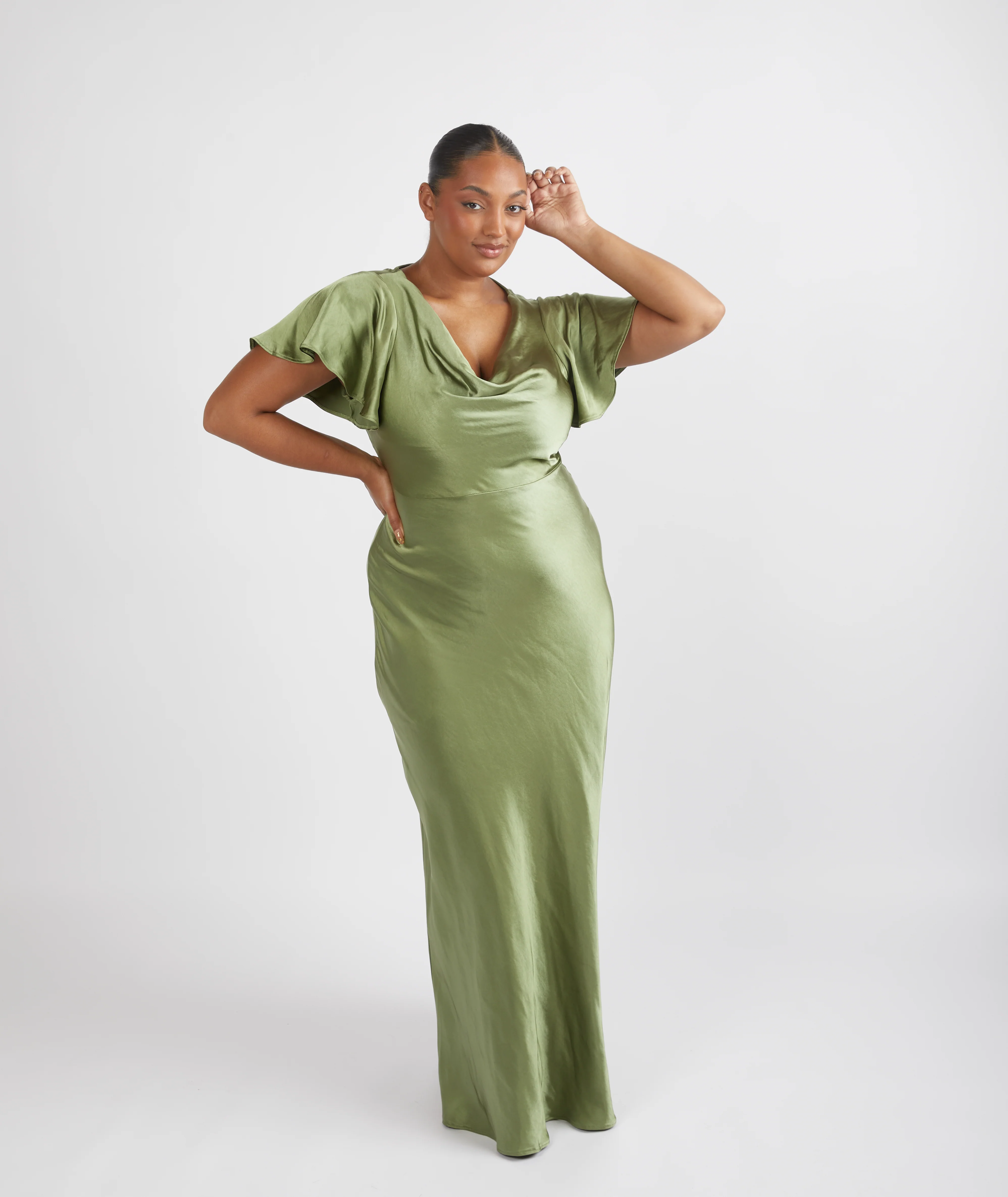 Cowl Flutter Sleeve Satin Bridesmaid Dress - Moss Green - Image 3