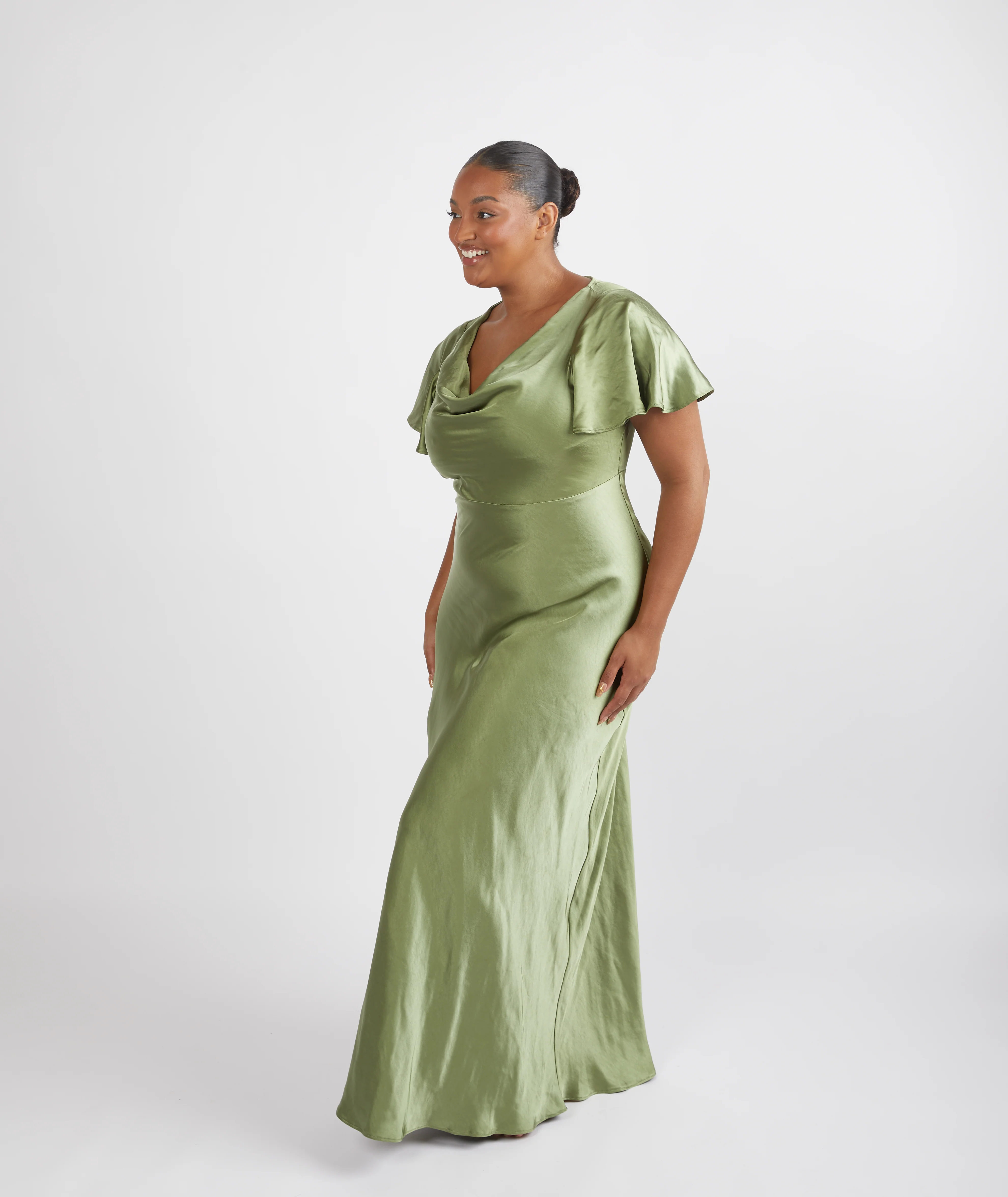 Cowl Flutter Sleeve Satin Bridesmaid Dress - Moss Green - Image 4