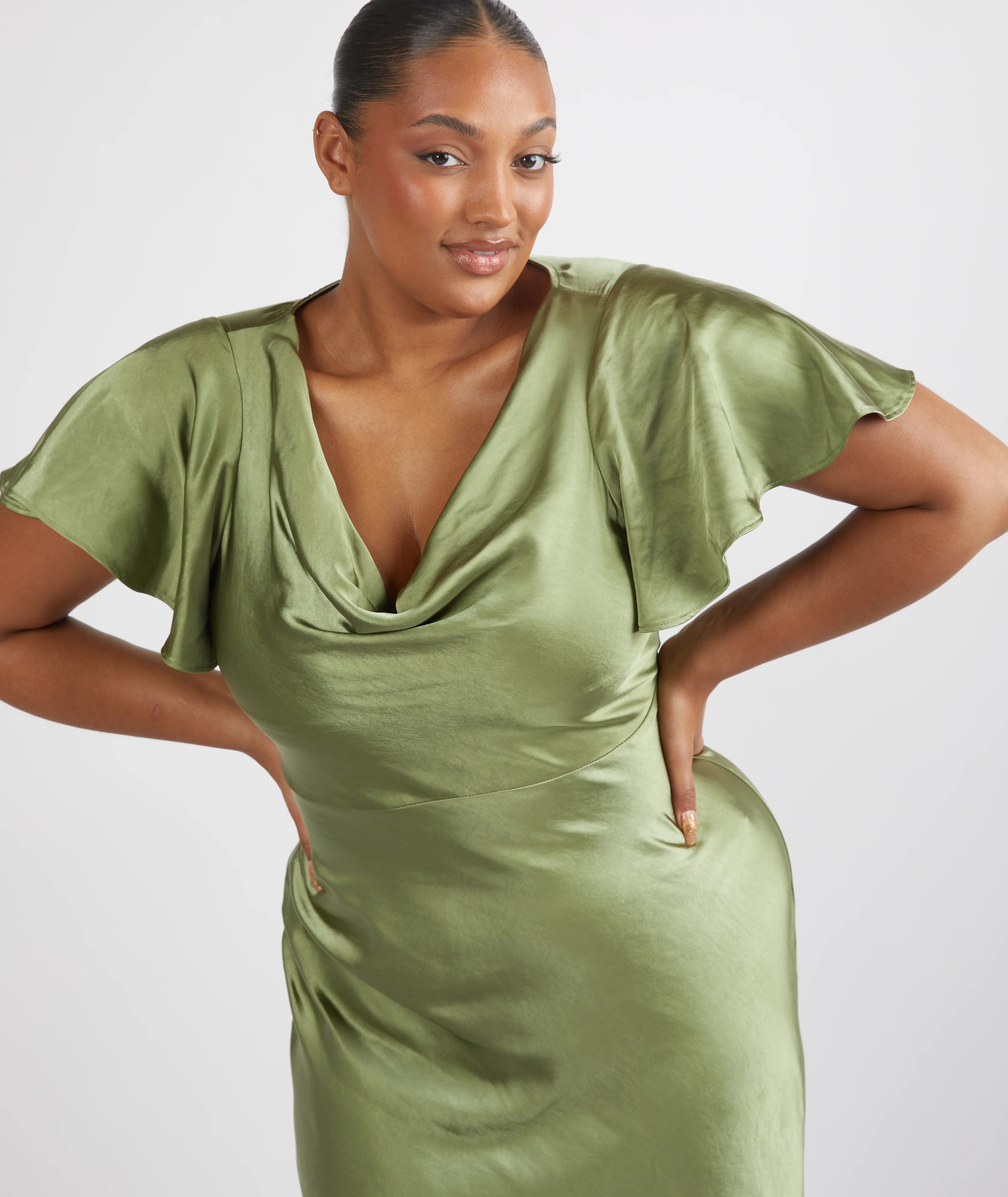 Cowl Flutter Sleeve Satin Bridesmaid Dress - Moss Green - Image 5