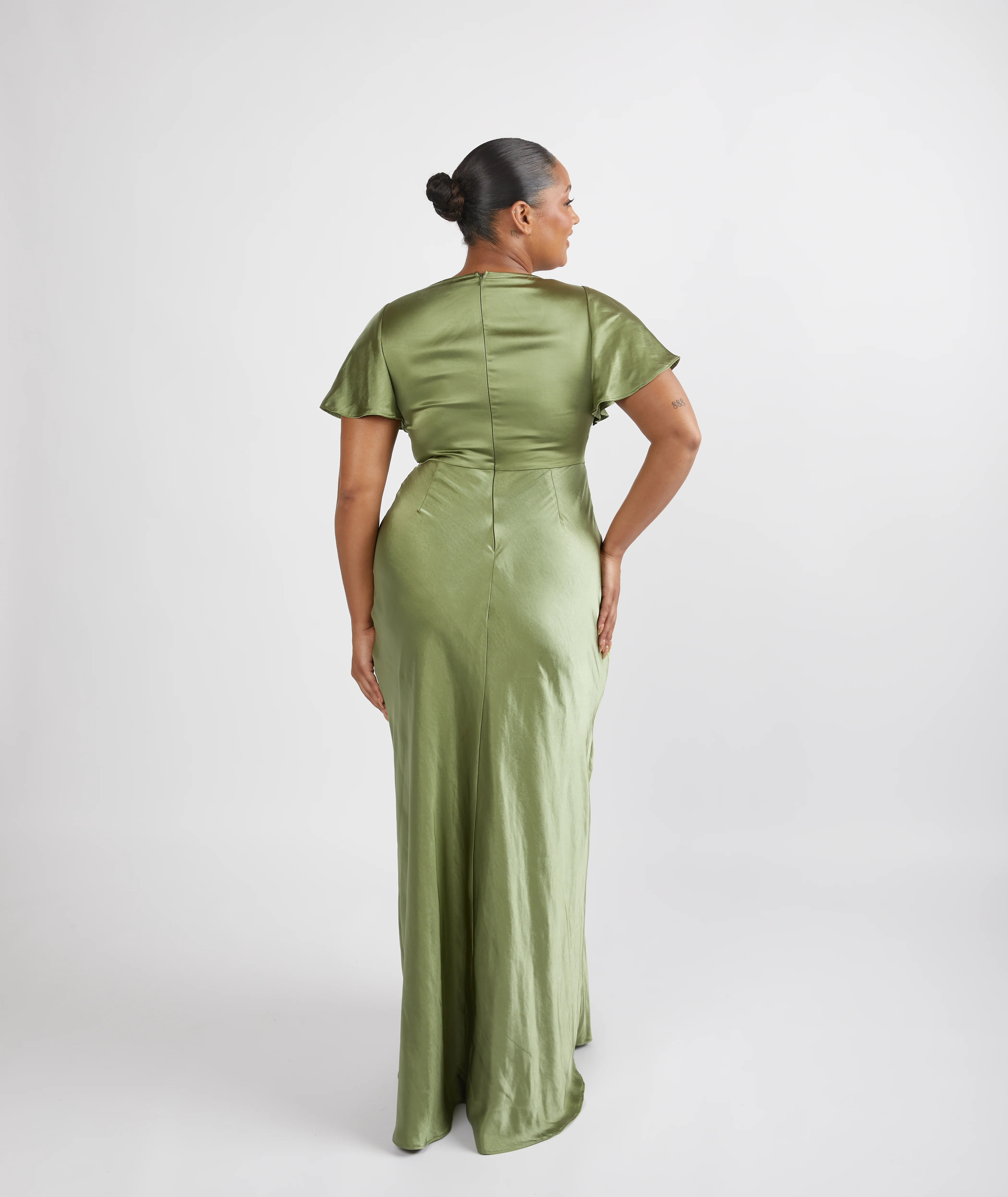 Cowl Flutter Sleeve Satin Bridesmaid Dress - Moss Green - Image 6