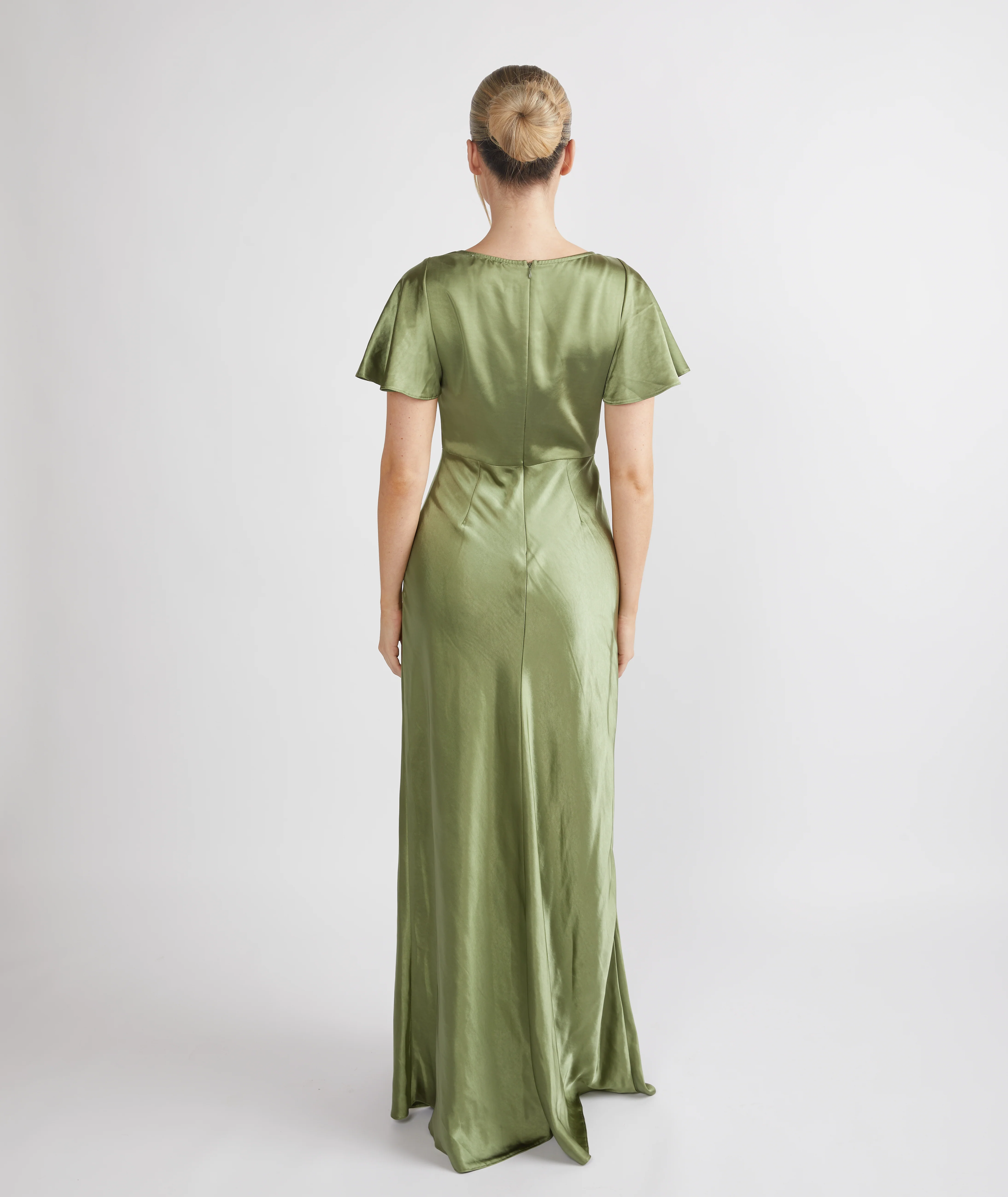 Cowl Flutter Sleeve Satin Bridesmaid Dress - Moss Green - Image 7