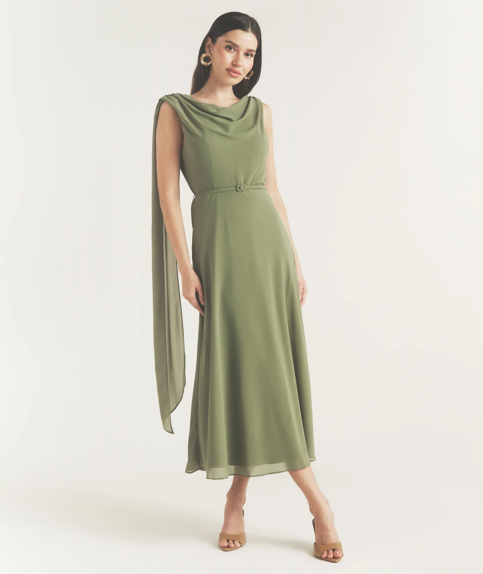 Cowl Front Drape Detail Belted Midi Dress - Sage - Image 3