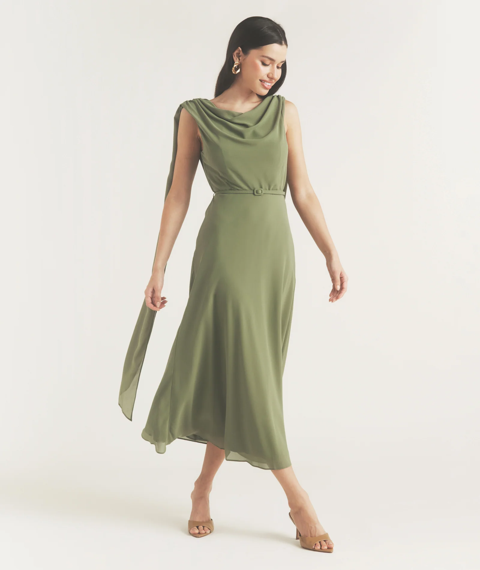 Cowl Front Drape Detail Belted Midi Dress - Sage - Image 4