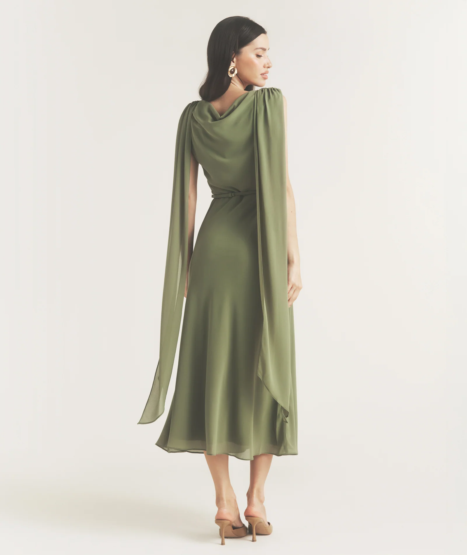 Cowl Front Drape Detail Belted Midi Dress - Sage - Image 5