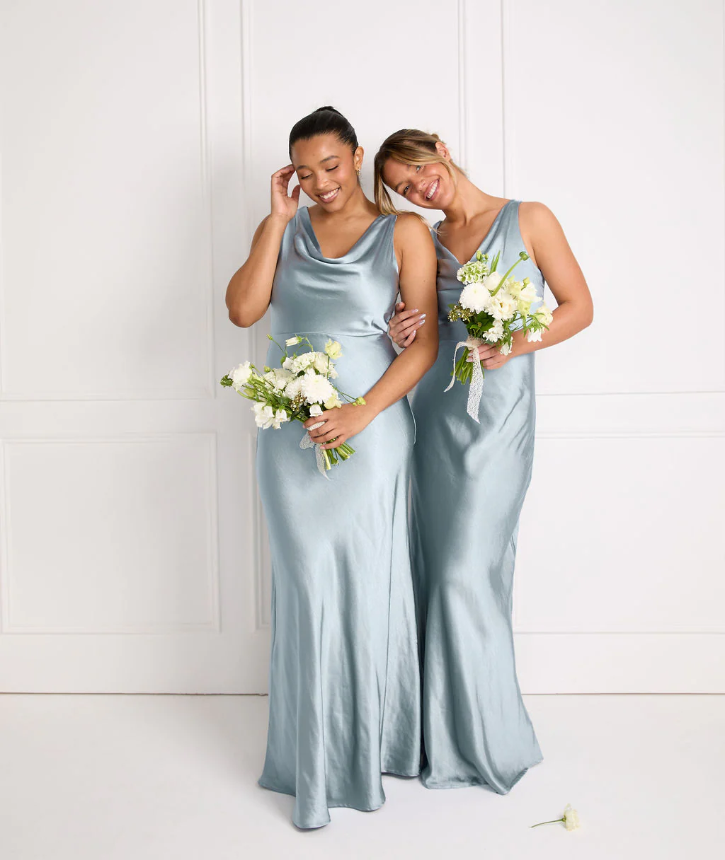 Cowl Front Satin Bridesmaid Dress - Dusty Blue - Image 3