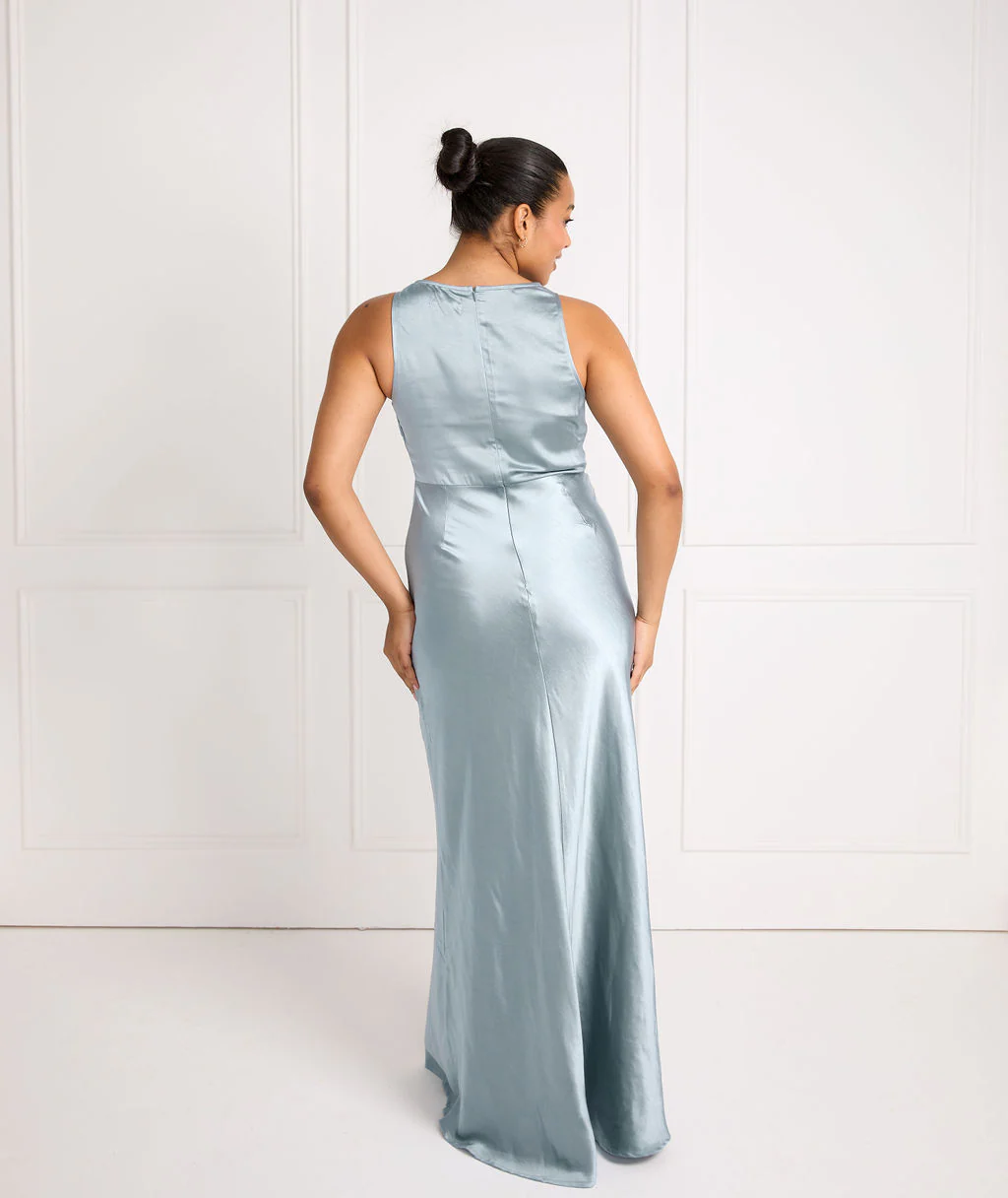 Cowl Front Satin Bridesmaid Dress - Dusty Blue - Image 4