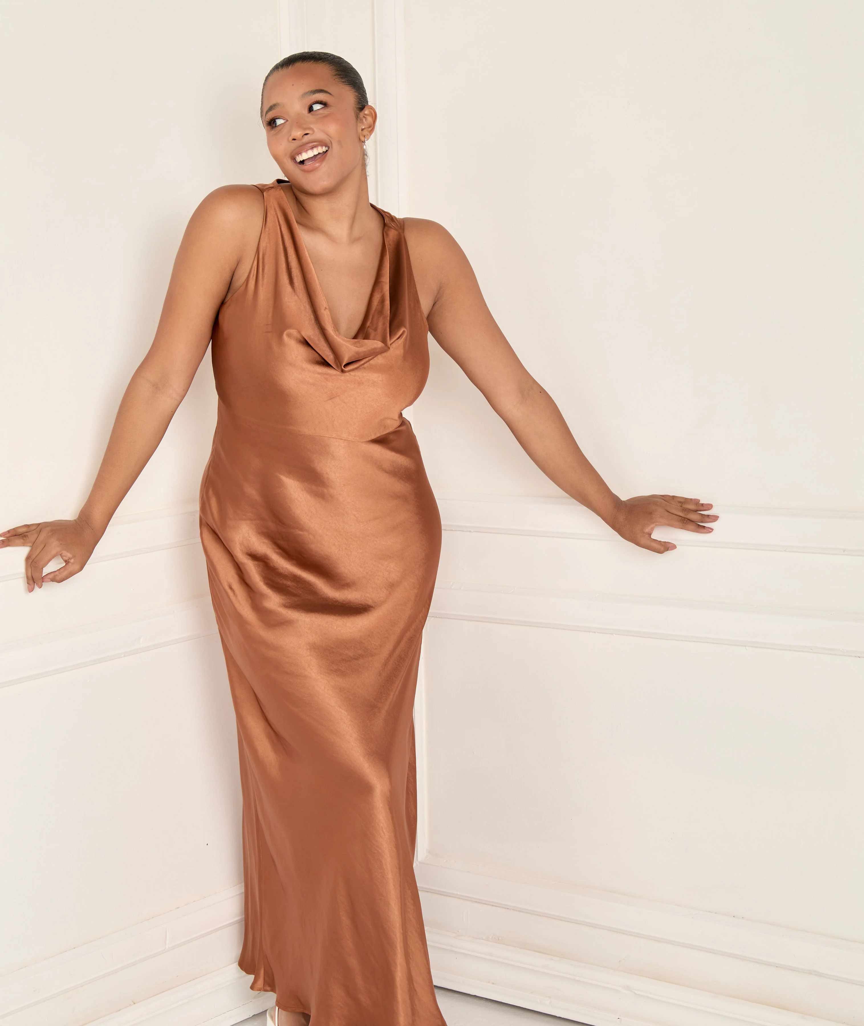 Cowl Front Satin Bridesmaid Dress - Rust - Image 4