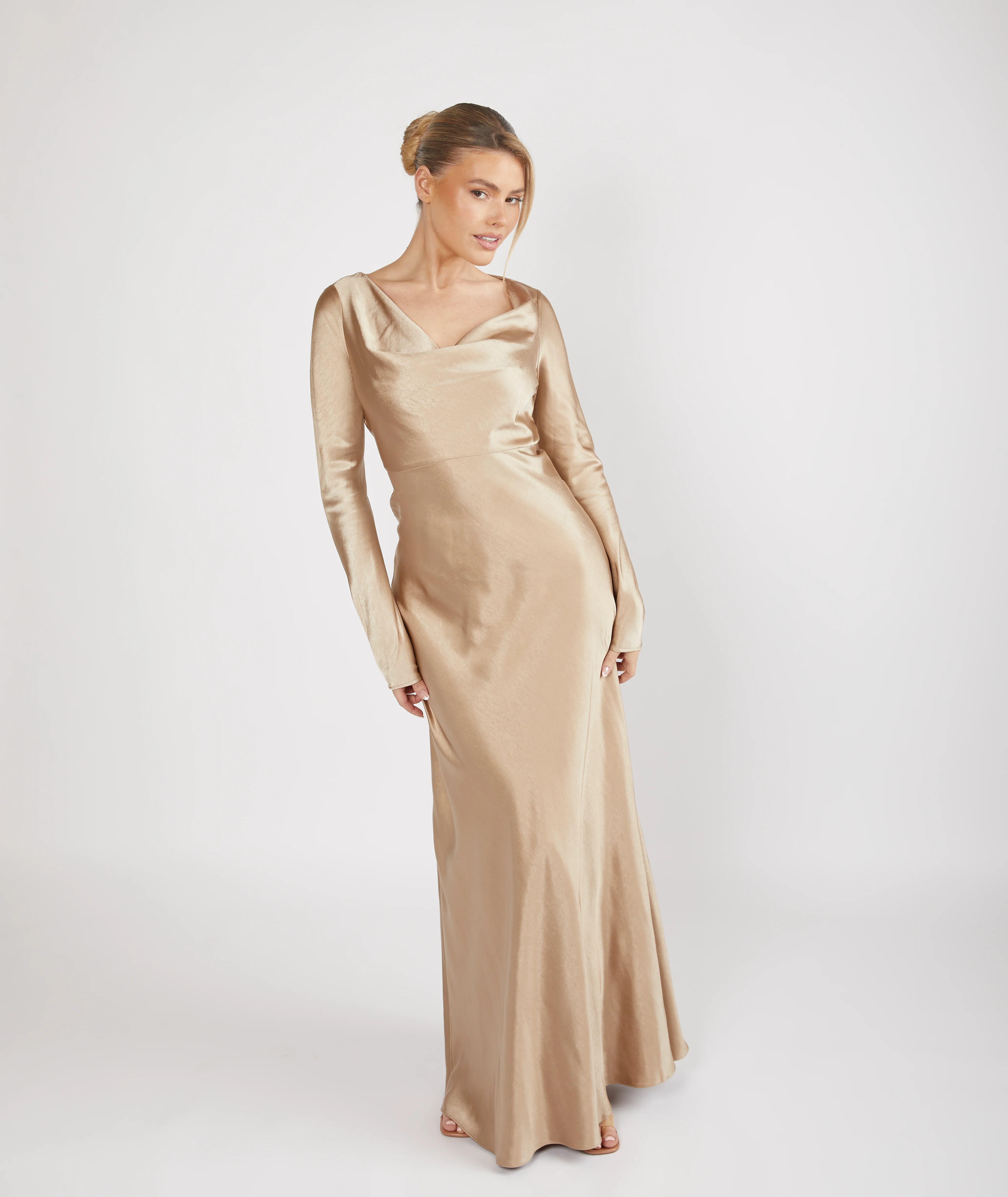Cowl Long Sleeve Satin Bridesmaid Dress - Champagne - Image 4