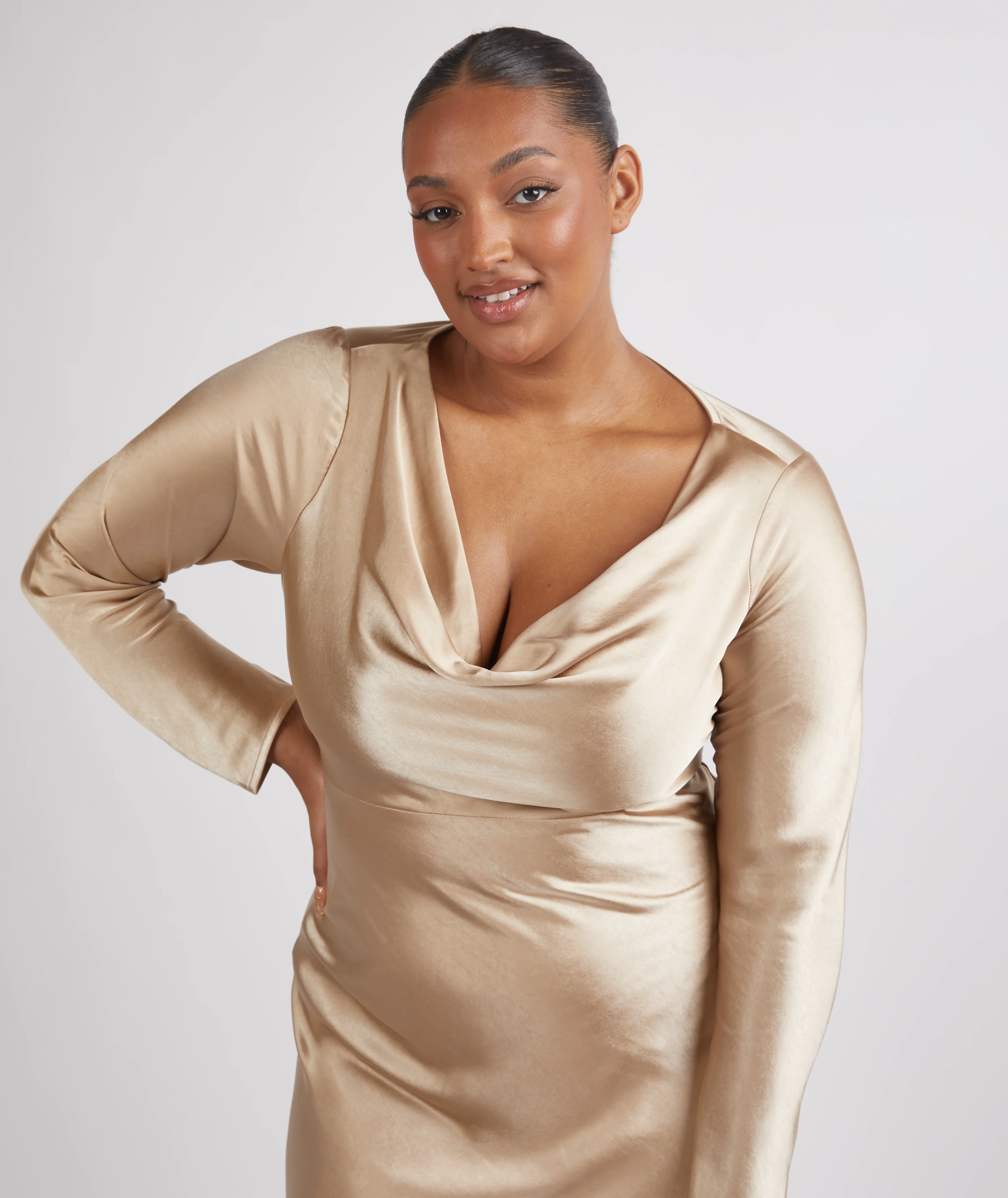 Cowl Long Sleeve Satin Bridesmaid Dress - Champagne - Image 6