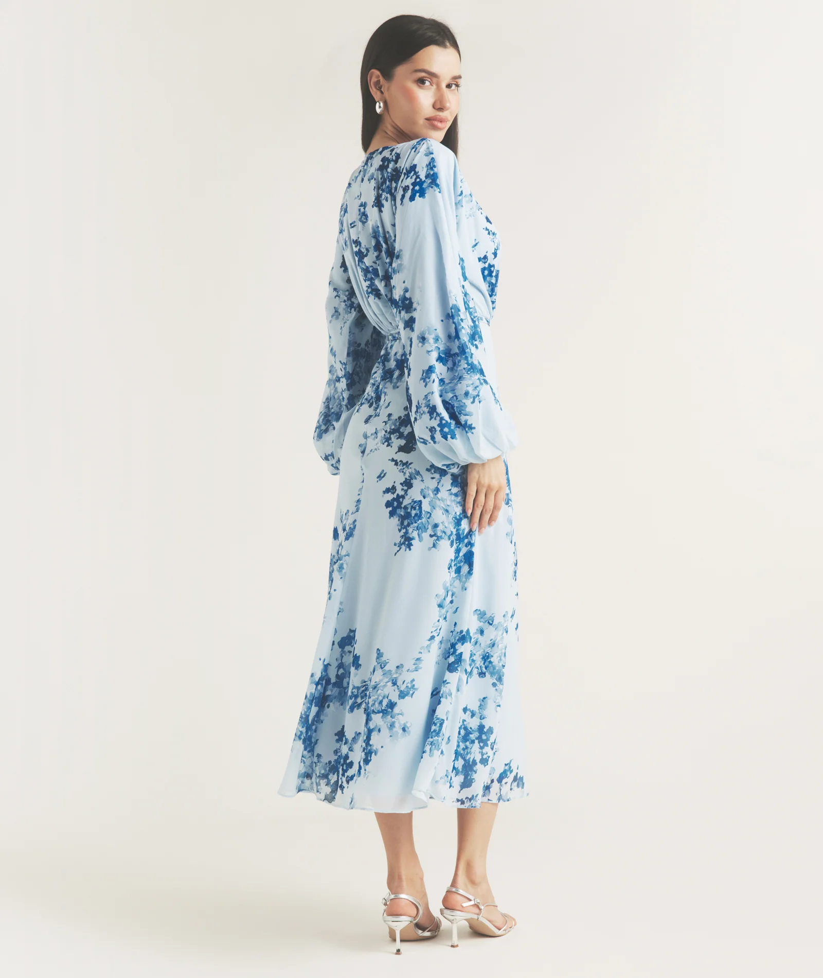 Floral Balloon Sleeve Maxi Dress - Pale Blue - Image 3