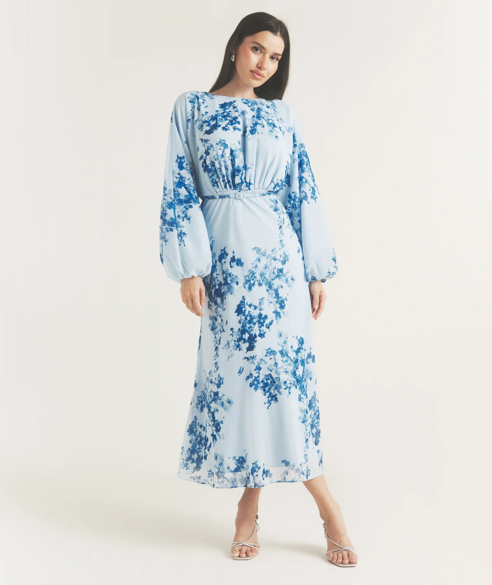 Floral Balloon Sleeve Maxi Dress - Pale Blue - Image 4