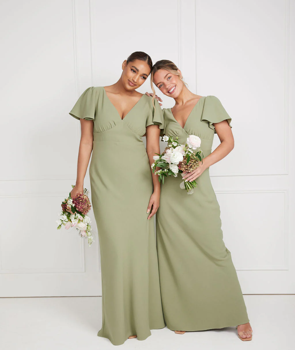 Flutter Sleeve V Neck Crepe Bridesmaid Dress - Sage - Image 3