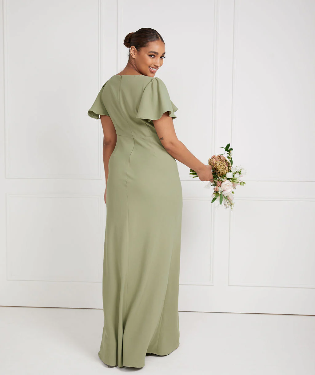 Flutter Sleeve V Neck Crepe Bridesmaid Dress - Sage - Image 4