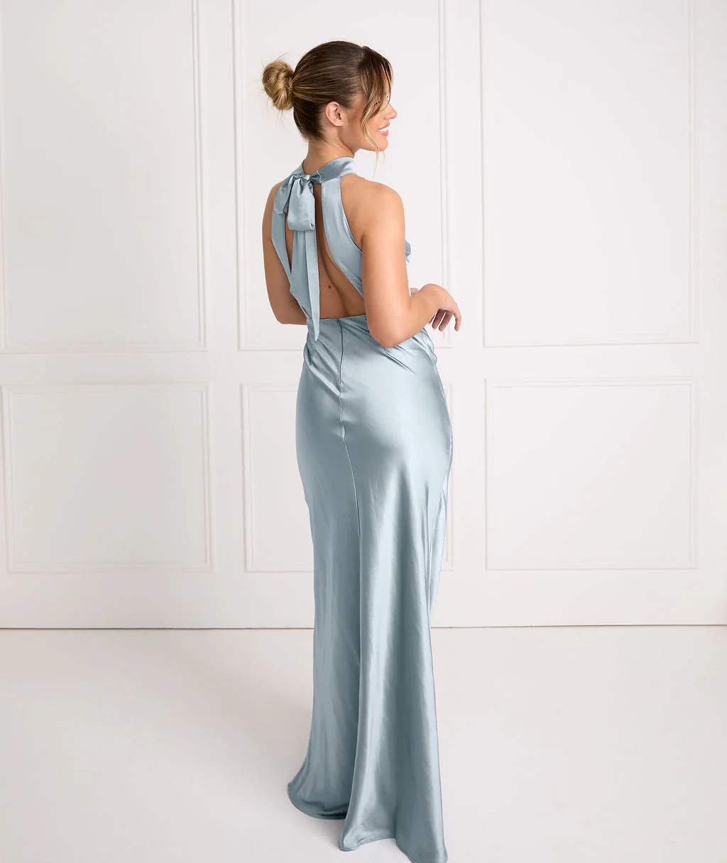 Halter Neck Satin Bridesmaid Dress - Dusty Blue - Image 3